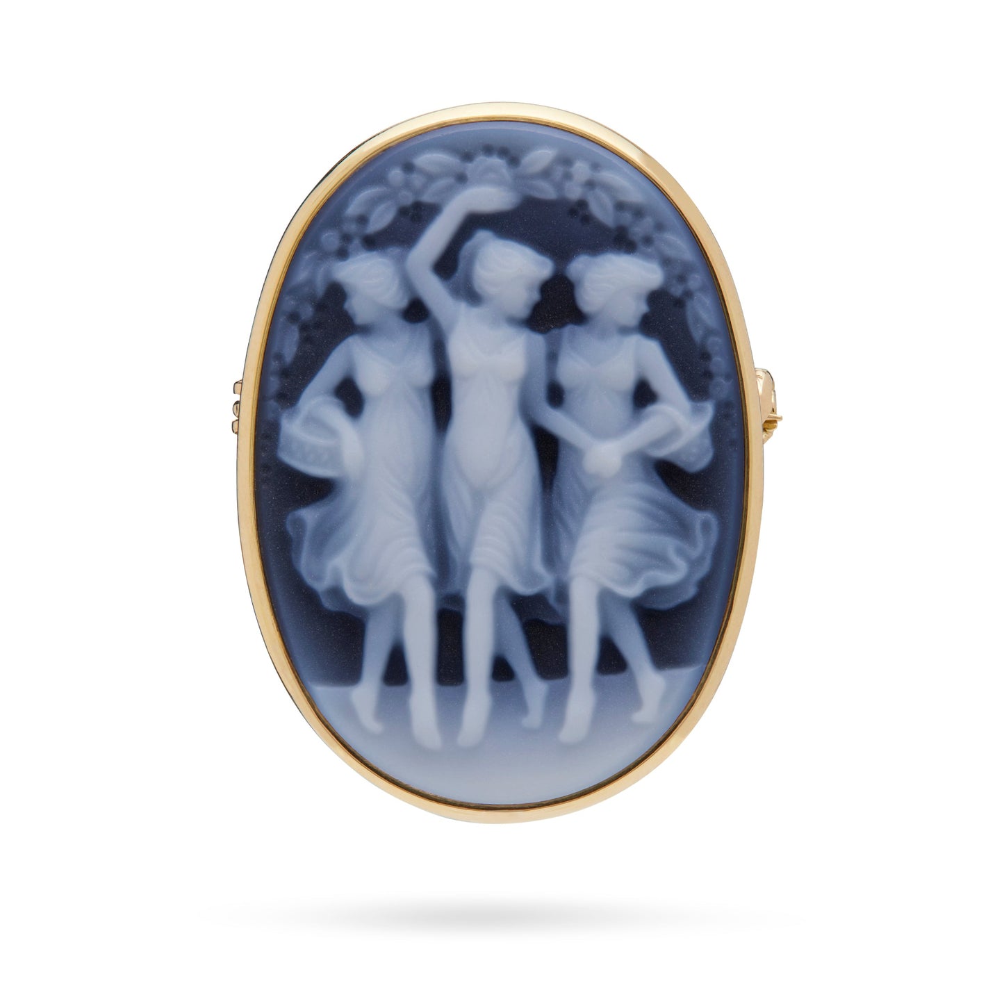 Mondo Cattolico Pendant 25x20 mm (0.98x0.79 in) Oval Yellow Gold Brooch and Pendant With Black Agate Cameo Portraying the Three Graces