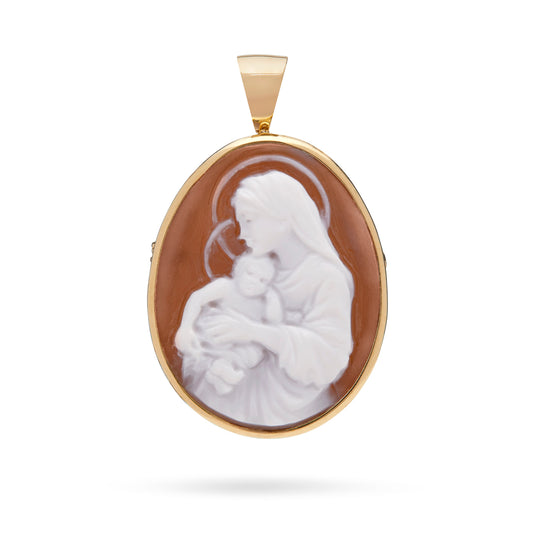 Mondo Cattolico Jewelry 30x22 mm (1.18x0.87 in) Oval Yellow Gold Brooch and Pendant With Cameo Portraying Virgin Mary With Baby Jesus