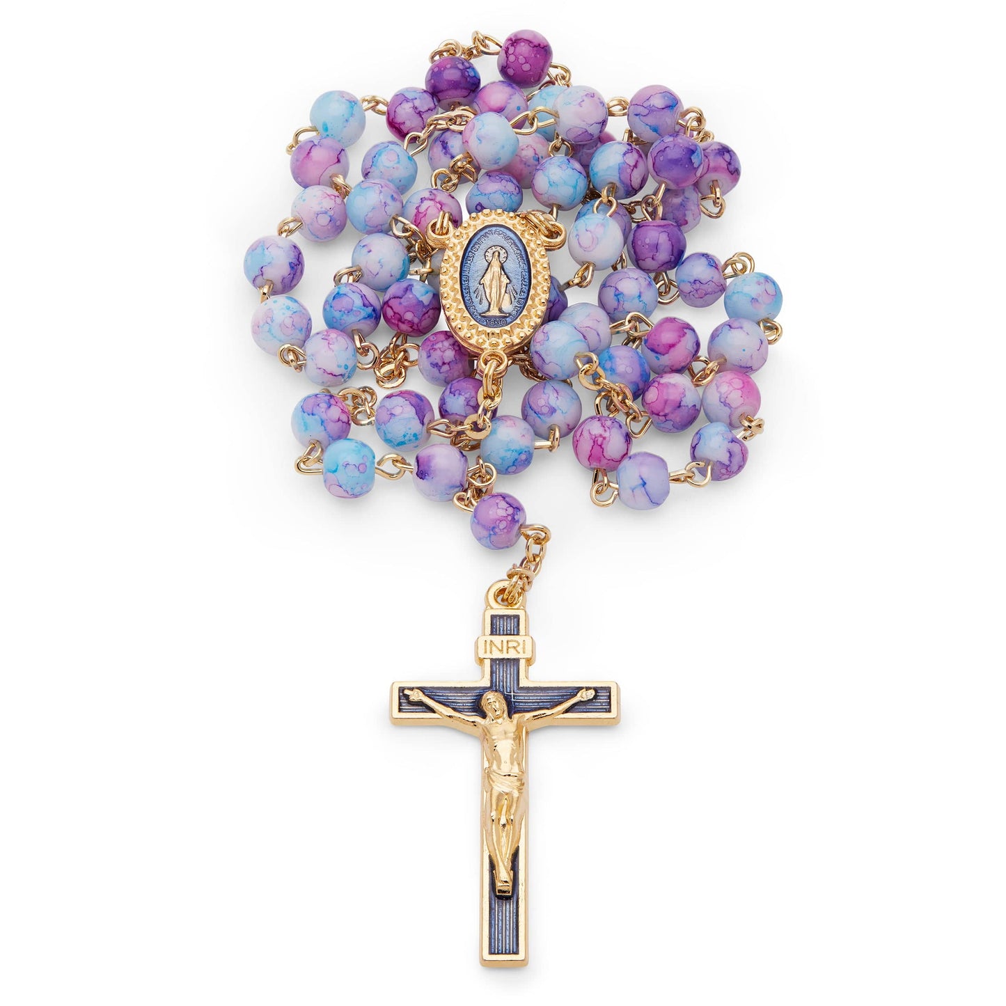 MONDO CATTOLICO Prayer Beads 47 cm (18.5 in) / 6 mm (0.24 in) Pink and Blue Variegated Glass Rosary of The Miraculous Virgin Mary