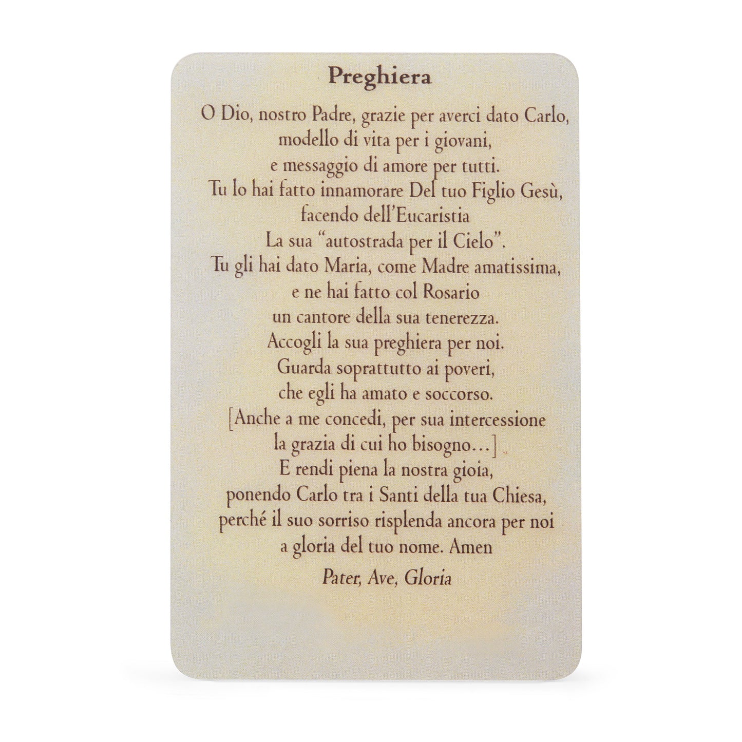 MONDO CATTOLICO ROMA Holy Card Plasticized Holy Card of Saint Carlo Acutis with Prayer