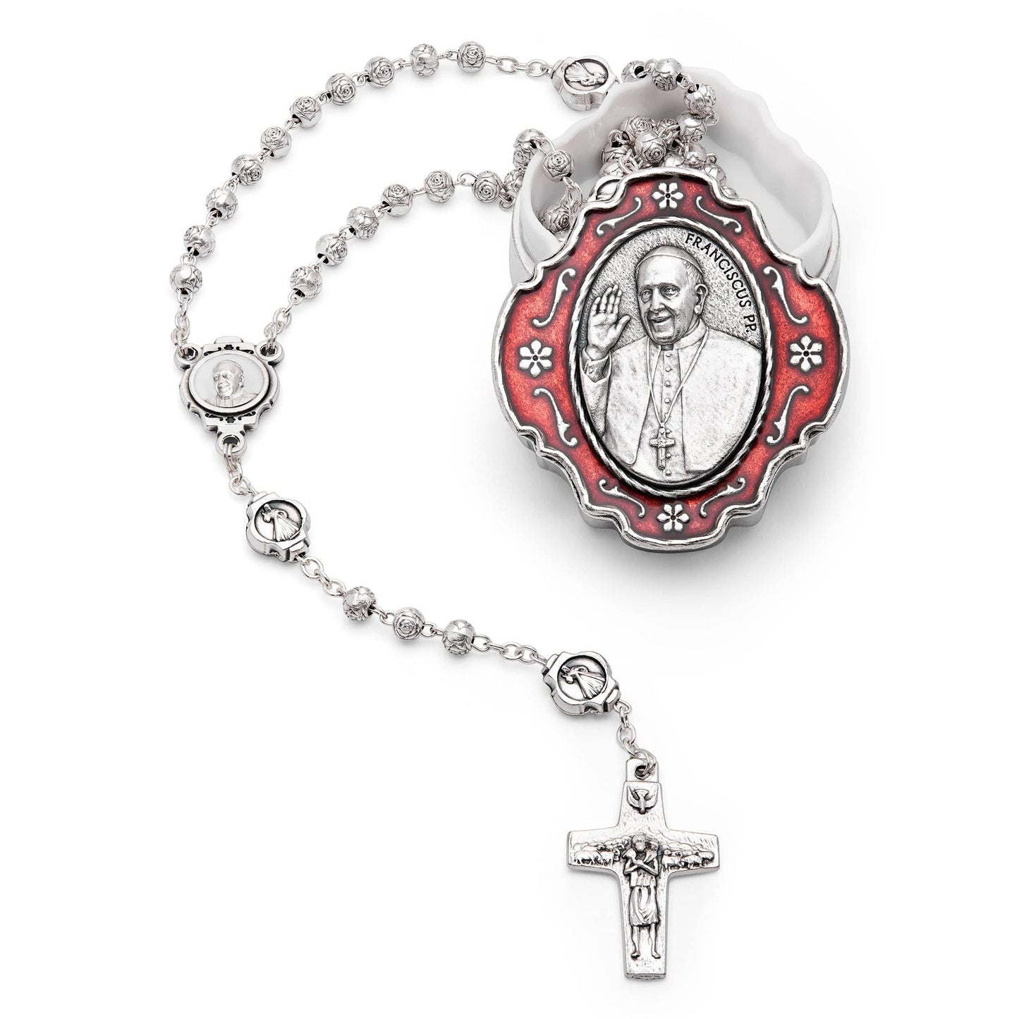 MONDO CATTOLICO Prayer Beads 34 cm (13.38 in) / 4 mm (0.15 in) Pope Francis Red Metal Case and Rosary