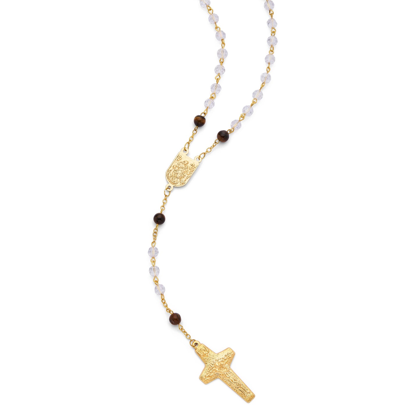 Mondo Cattolico Rosary 54 cm (21.26 in) / 76 cm (29.92 in) / 6 mm (0.24 in) Pope Francis Rosary with Clear Crystal and Tiger's Eye Beads