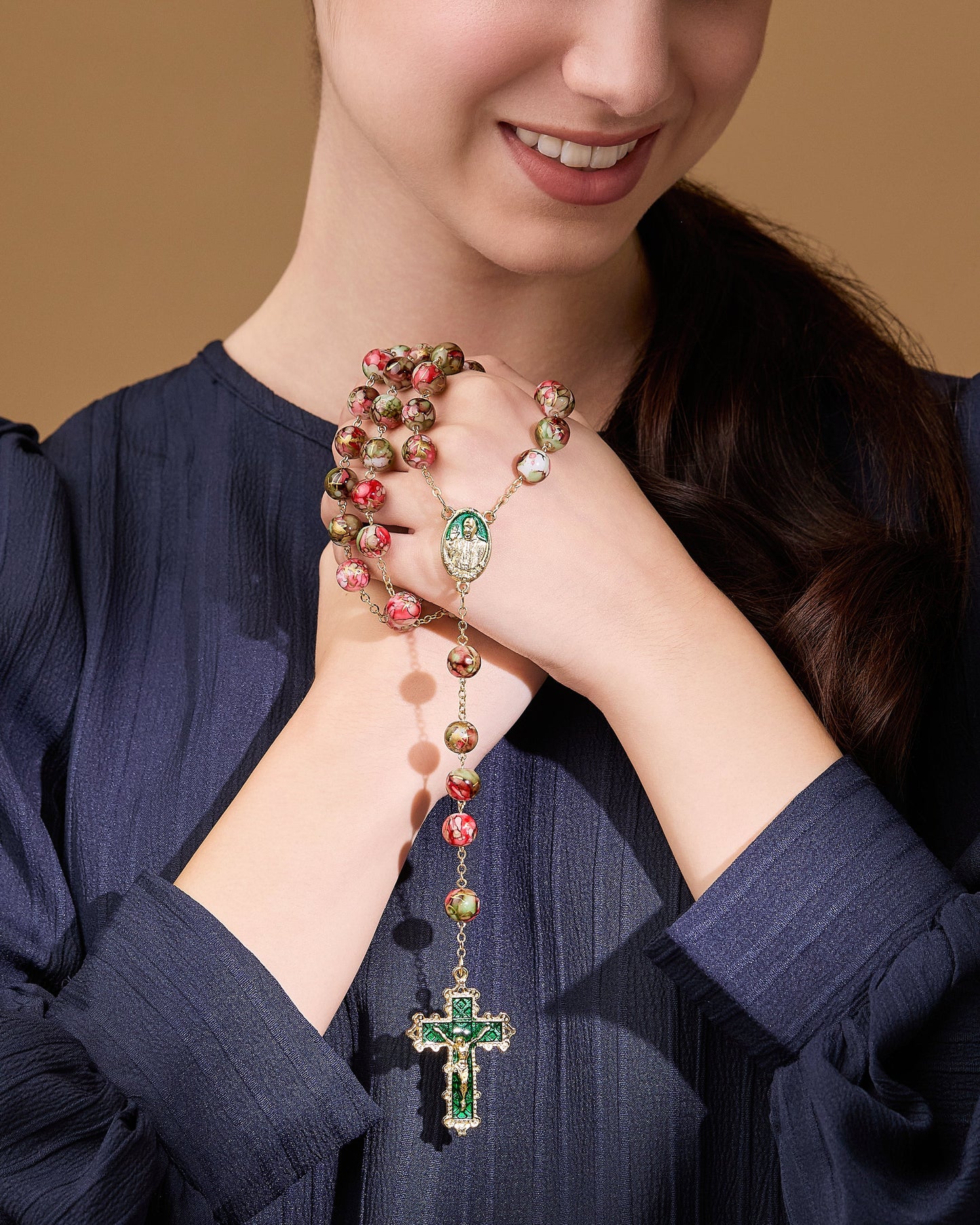 MONDO CATTOLICO ROMA Rosary 58 cm (22.83 in) / 80 cm (31.50 in) / 10 mm (0.39 in) Pope Francis Rosary with Green and Dark Red Variegated Beads