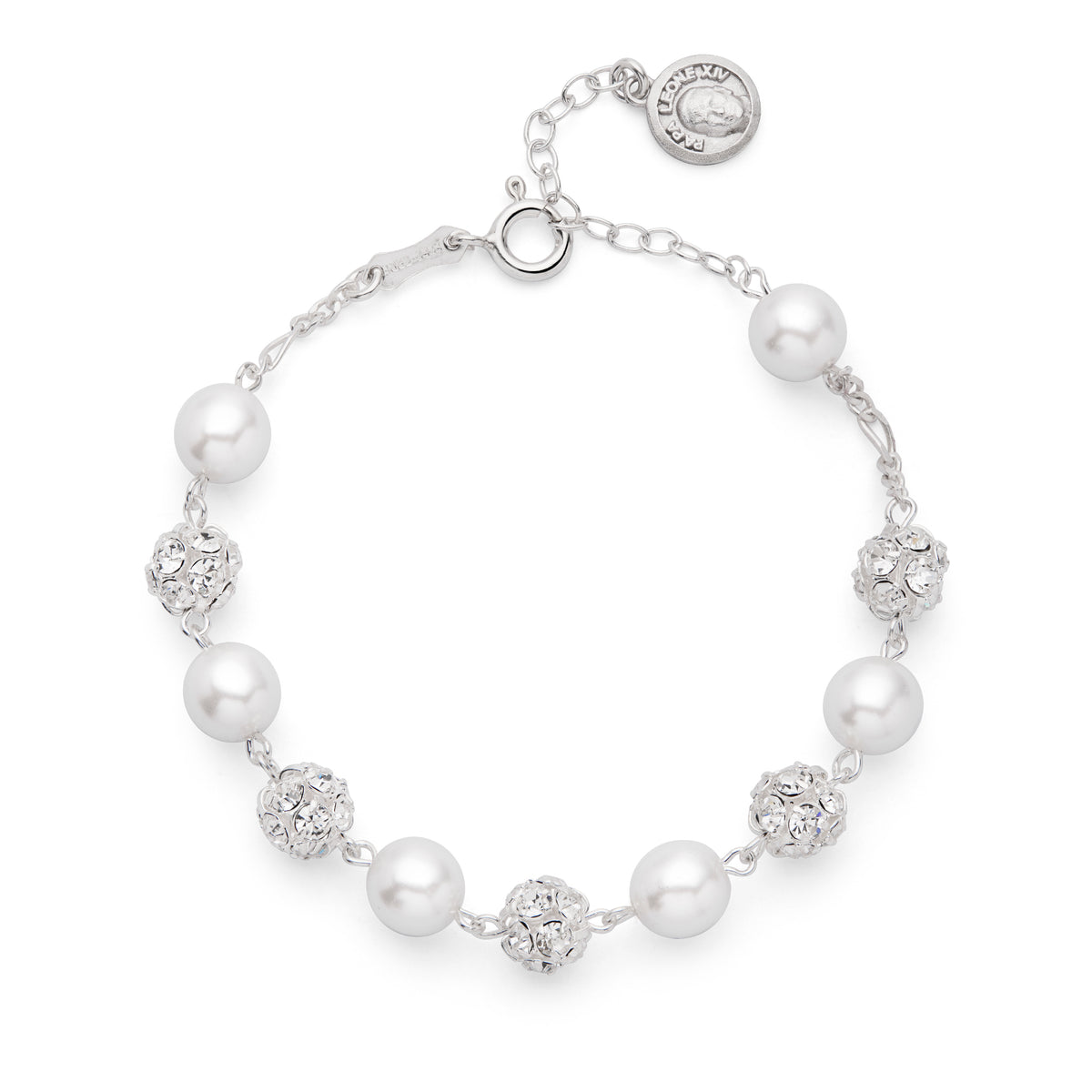 MONDO CATTOLICO ROMA Bracelet 18 - 21.50 cm (7.09 - 8.46 in) / 8 mm (0.31 in) Pope Leo XIV Adjustable Sterling Silver Bracelet with White Pearl and Rhinestone Beads