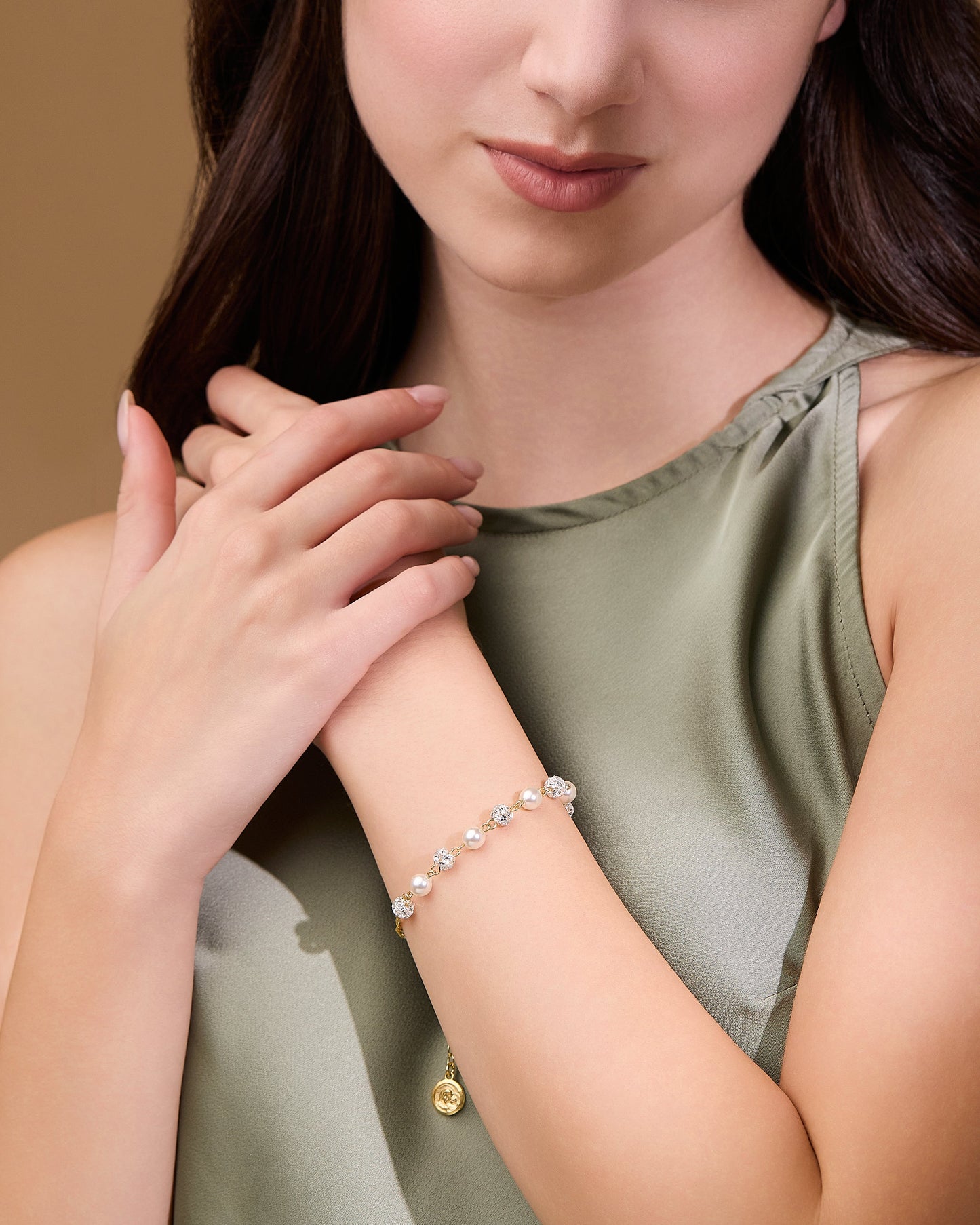 MONDO CATTOLICO ROMA Bracelet 17 - 21 cm (6.69 - 8.27 in) / 6 mm (0.24 in) Pope Leo XIV Gold-plated Sterling Silver Bracelet with White Pearl and Rhinestones Beads