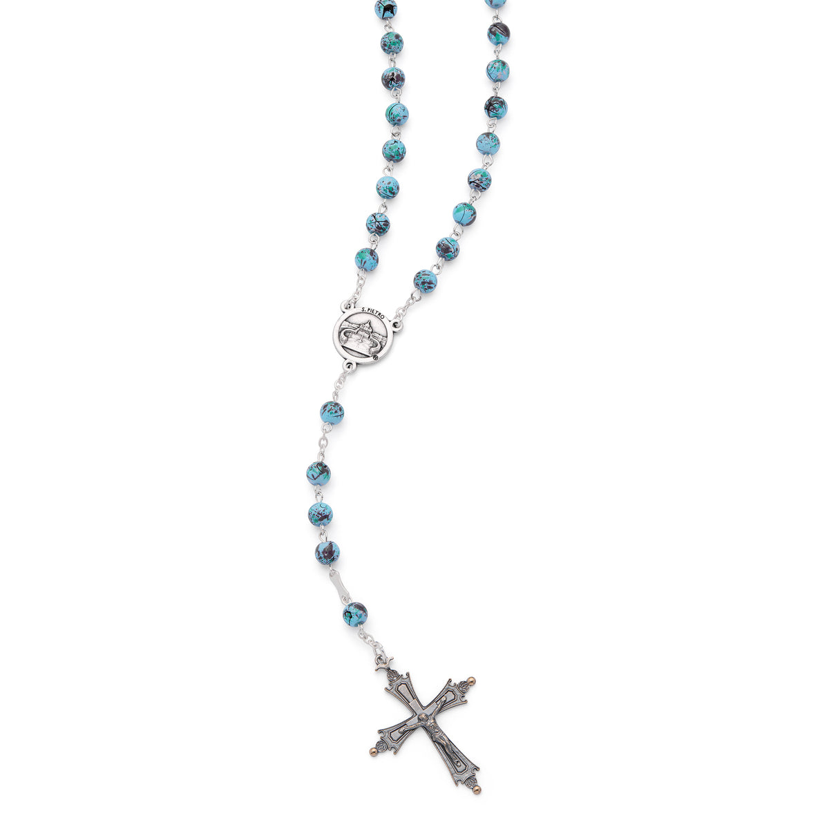 MONDO CATTOLICO ROMA Rosary 46 cm (18.11 in) / 64 cm (25.20 in) / 6 mm (0.24 in) Pope Leo XIV Rosary with Turquoise Beads Speckled in Purple and Green