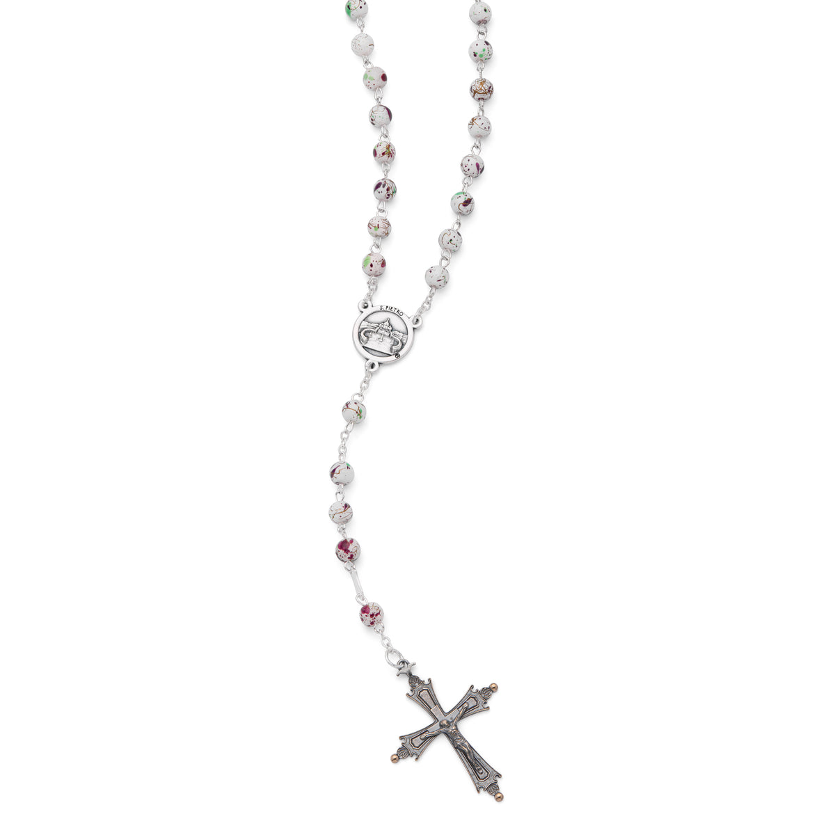MONDO CATTOLICO ROMA Rosary 46 cm (18.11 in) / 64 cm (25.20 in) / 6 mm (0.24 in) Pope Leo XIV Rosary with White Beads Speckled in Pink and Green