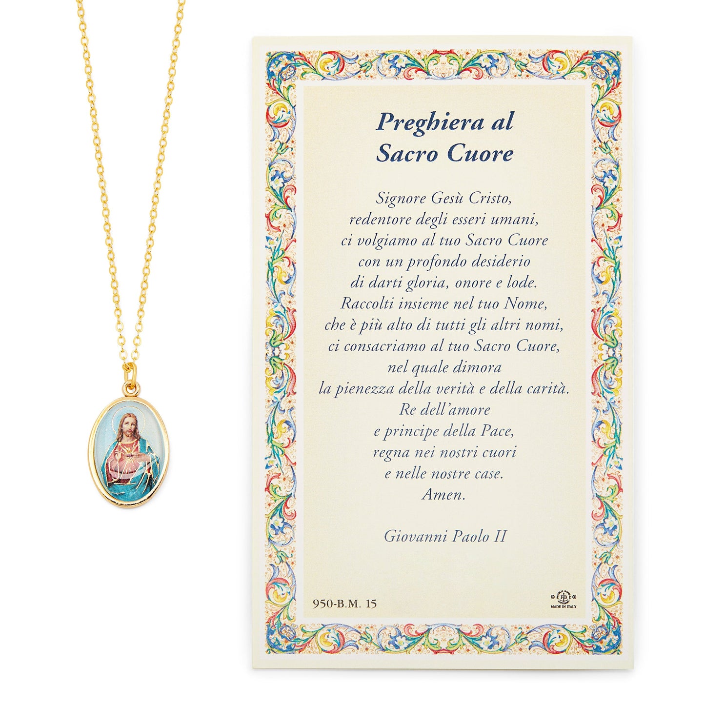 MONDO CATTOLICO Prayer Card with Medal and Chain of the Sacred Heart of Jesus