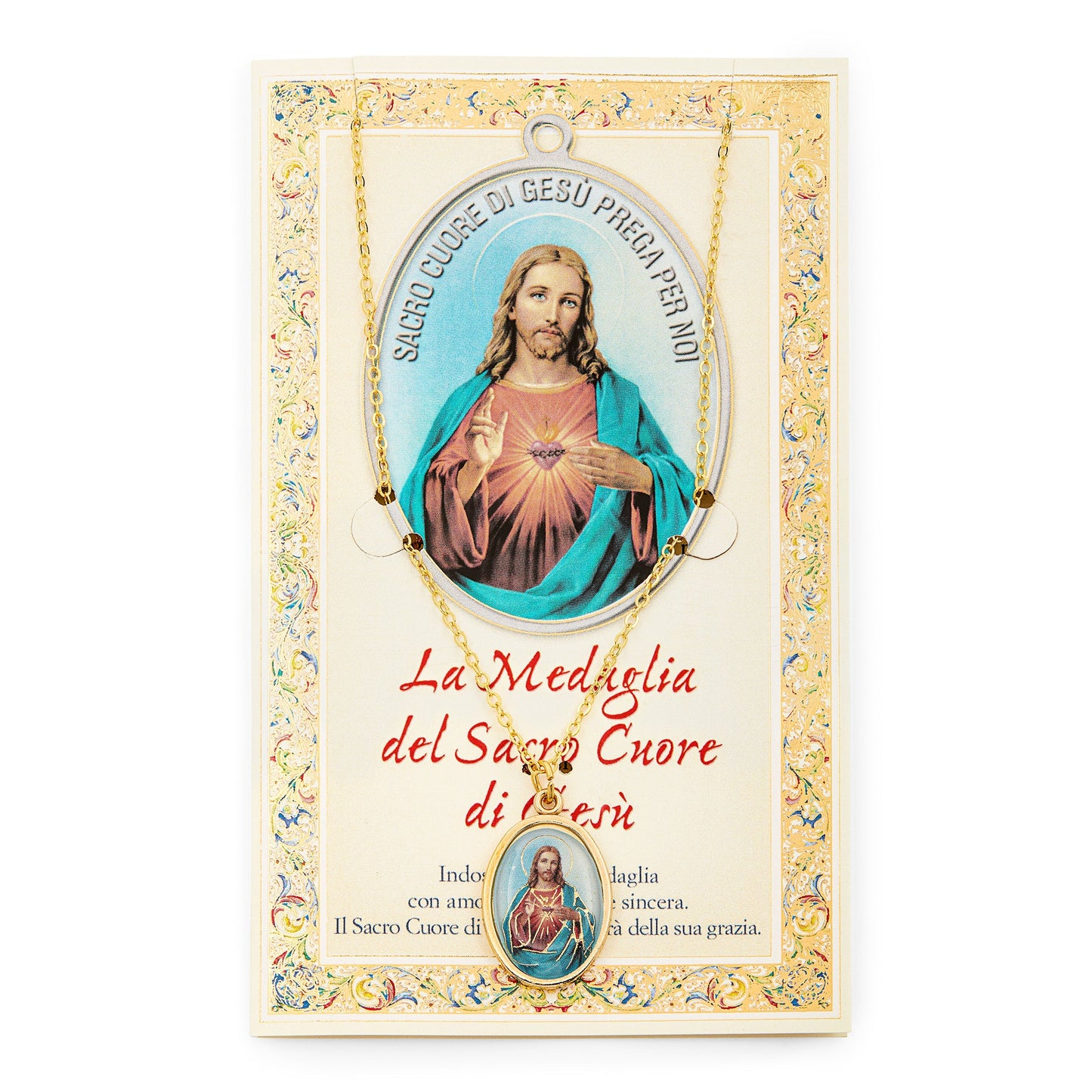 MONDO CATTOLICO Prayer Card with Medal and Chain of the Sacred Heart of Jesus