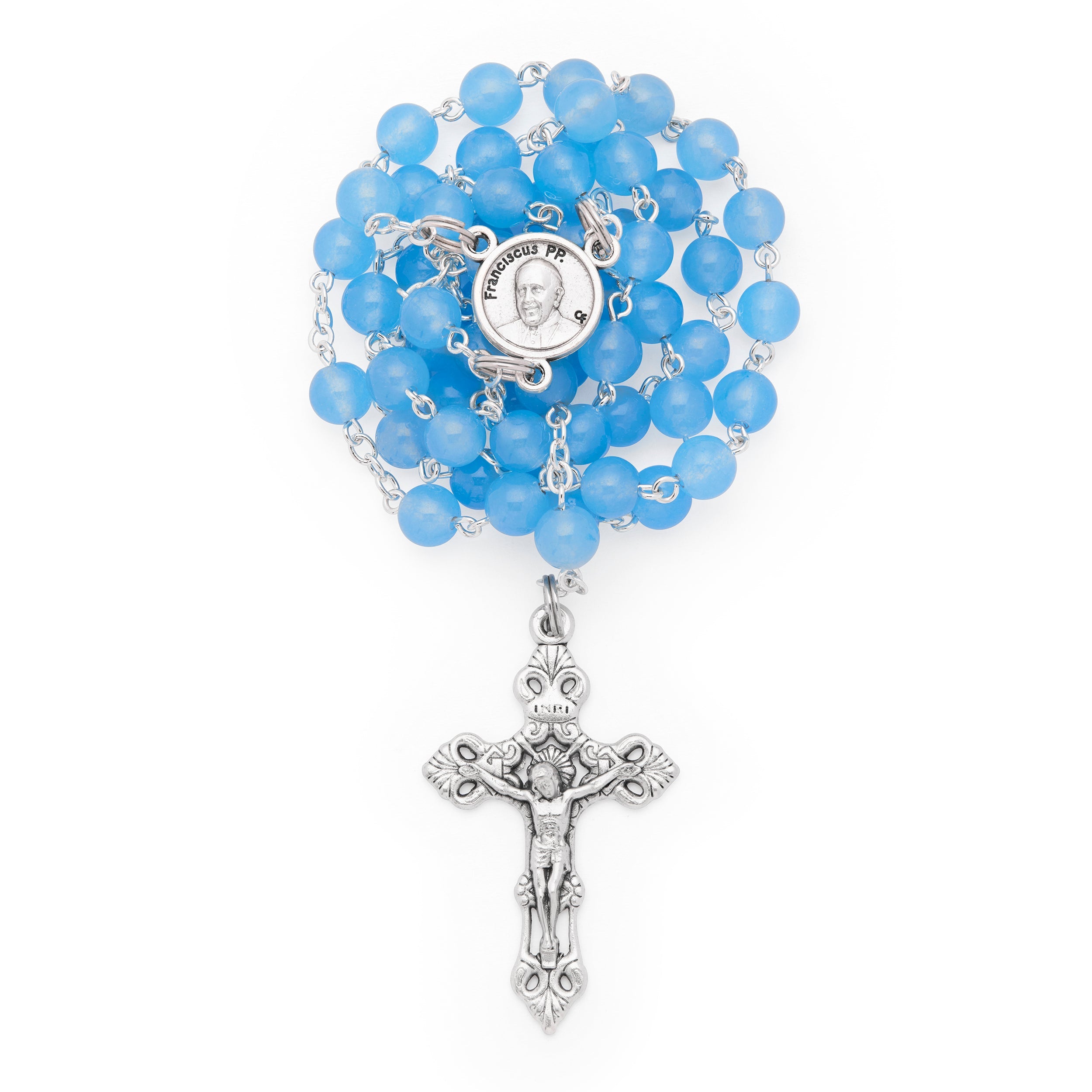 Real Aquamarine Gemstone Rosary with Pope Francis | MONDO CATTOLICO