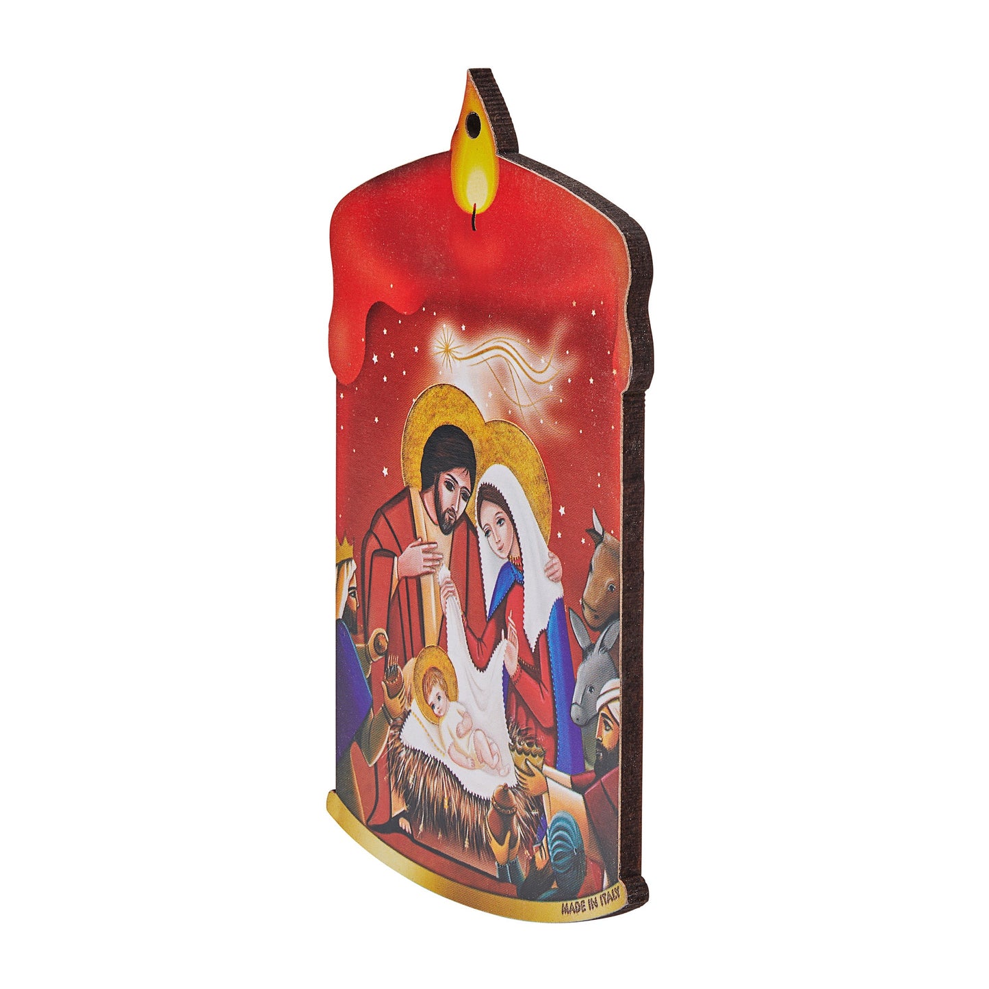 Mondo Cattolico 11 cm (4.33 in) Red Christmas Tree Decoration in the Shape of Candle With Crib