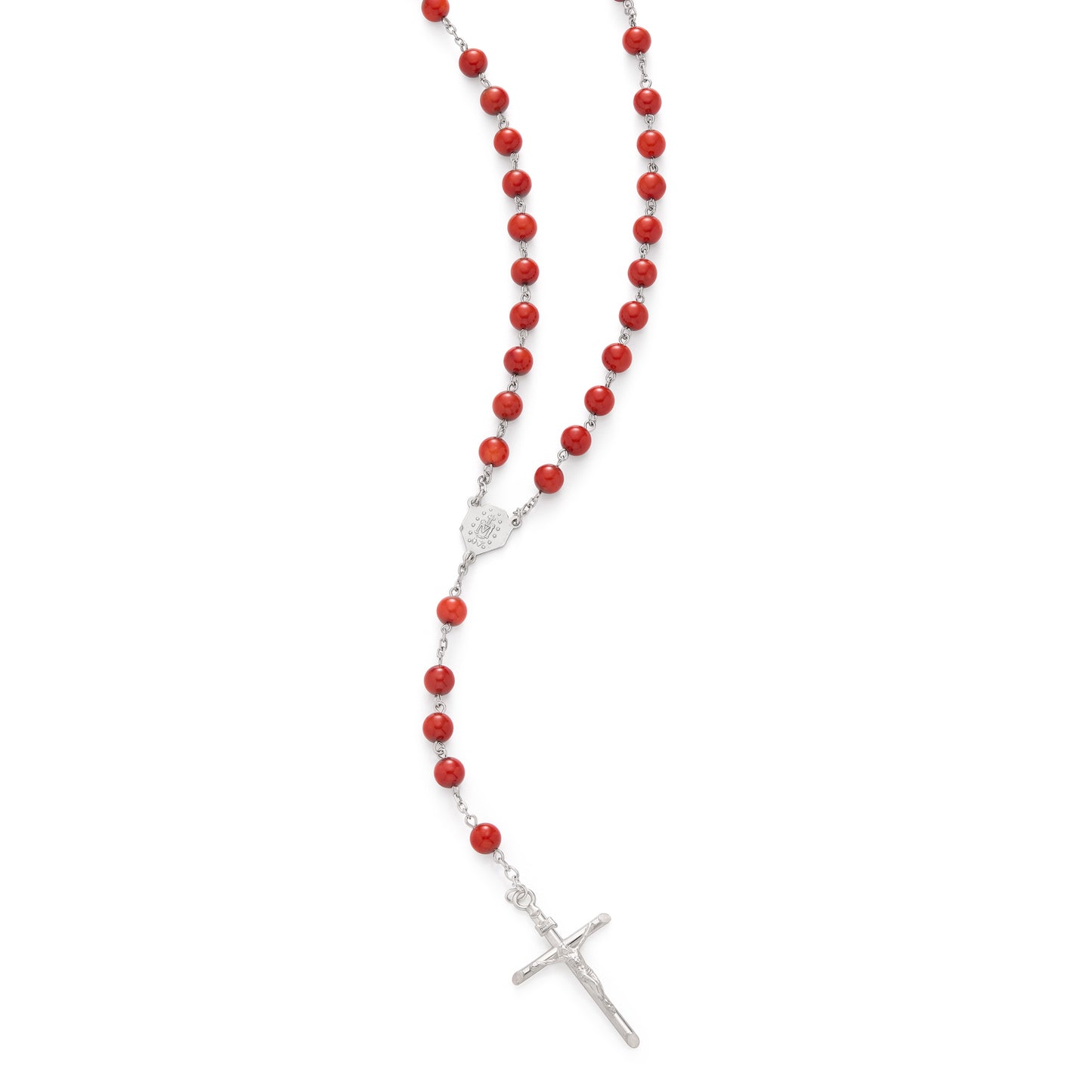 MONDO CATTOLICO ROMA Prayer Beads RED CORAL SILVER ROSARY