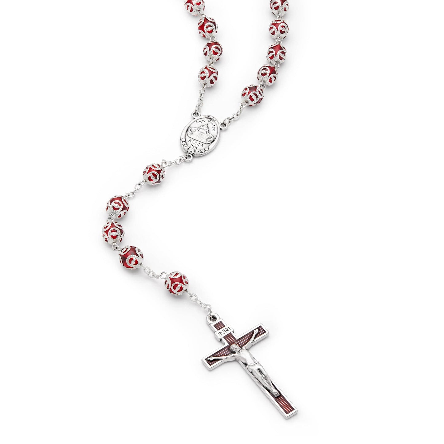 MONDO CATTOLICO Prayer Beads 62 Cm (24.5 in / 8 mm (0.3 in) Red Glass Capped Beads Rosary
