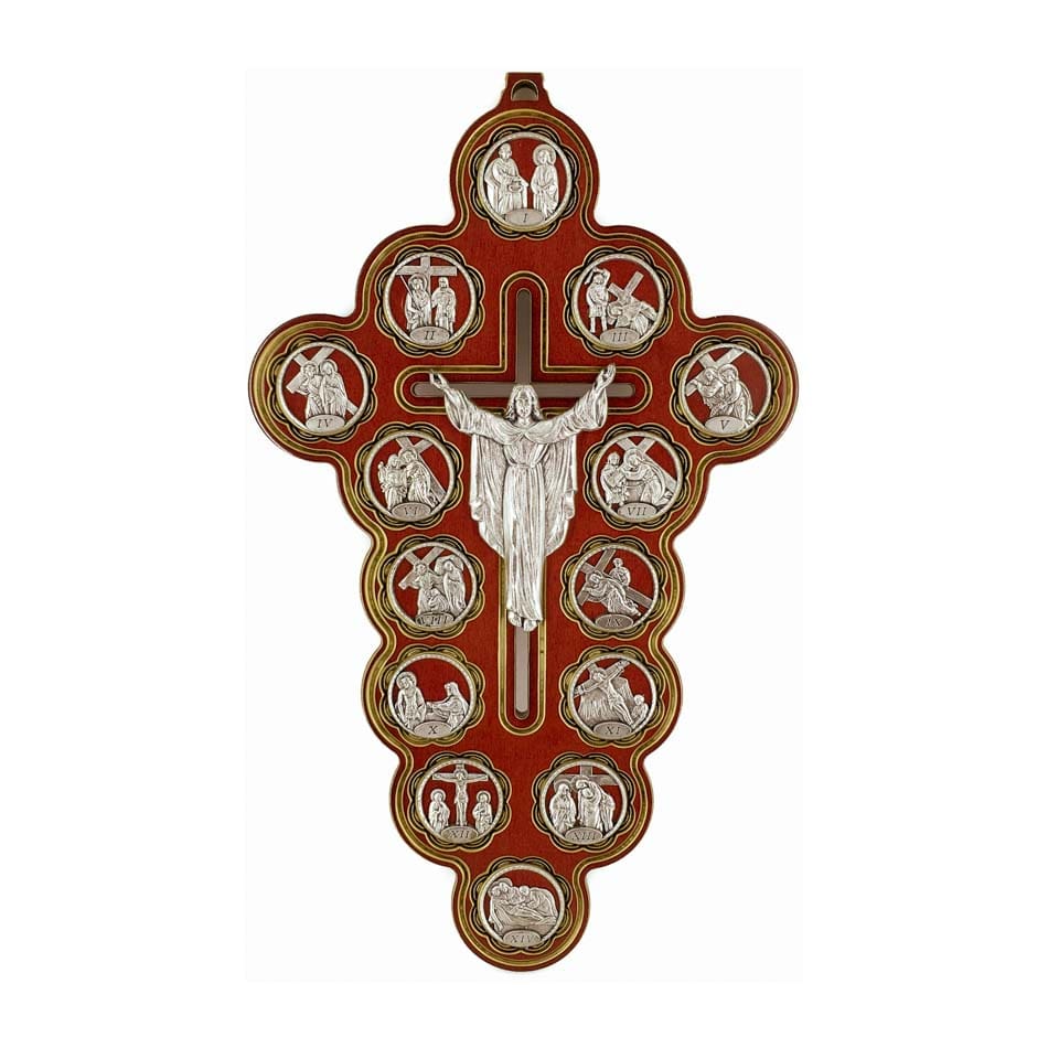 MONDO CATTOLICO 29 cm (11.41 in) Red Wooden Risen Christ Crucifix With Via Crucis