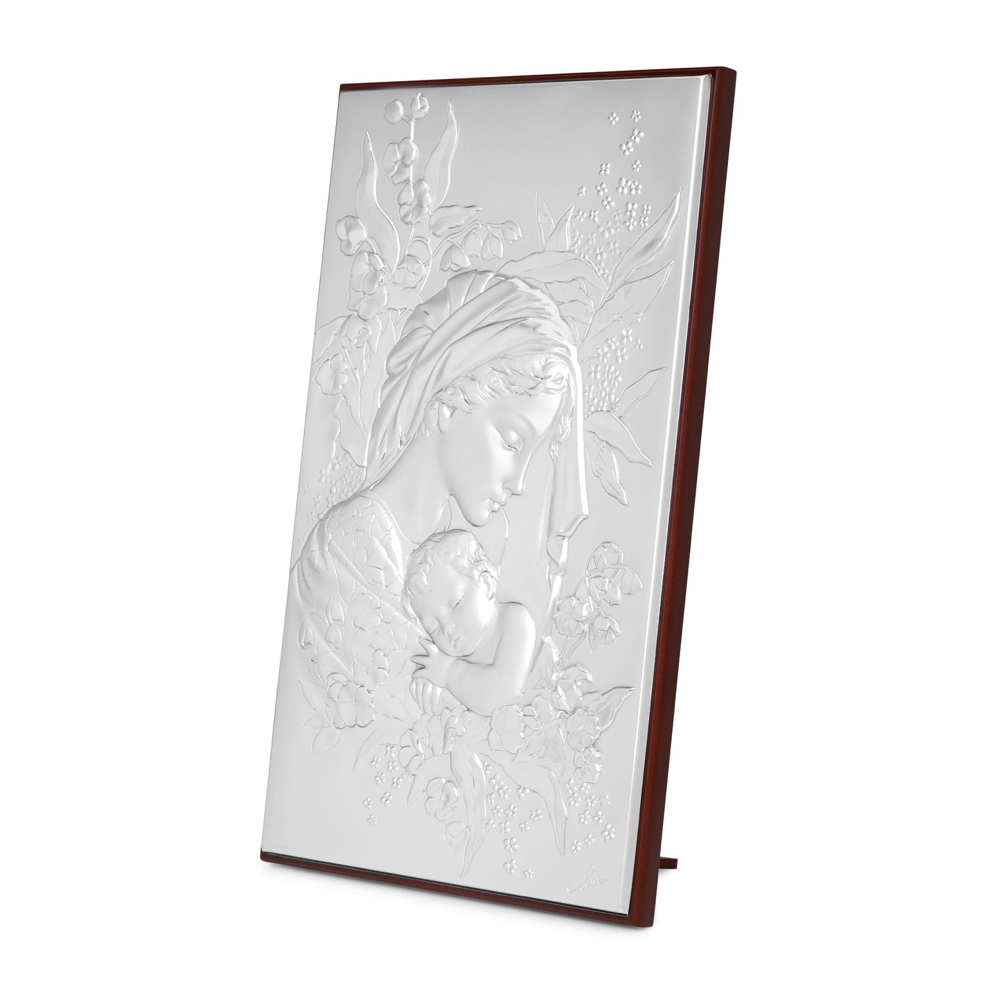 MONDO CATTOLICO Religious Picture Mother Mary and Child with Roses Bilaminated Sterling Silver