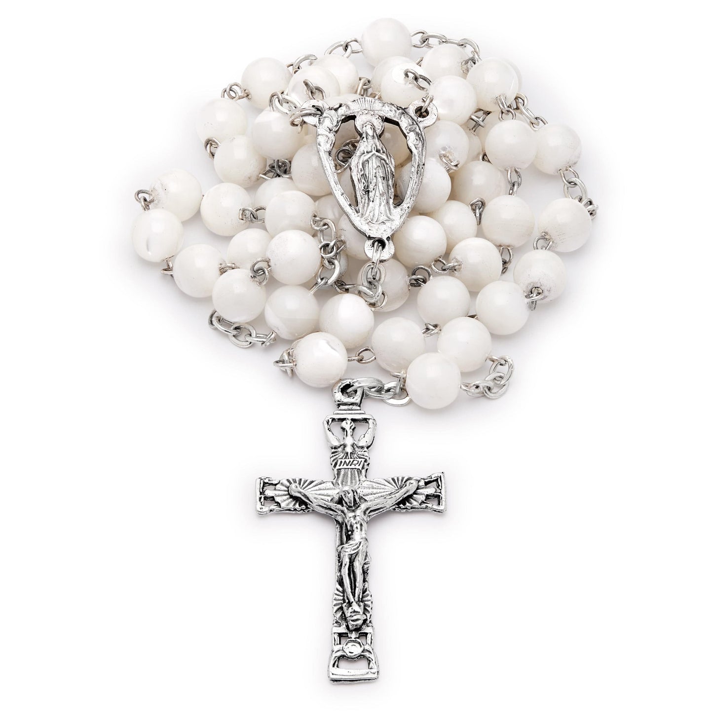 MONDO CATTOLICO Prayer Beads 48 cm (18.89 in) / 6.5 mm (0.25 in) Rosary Beads with Jesus of Sacred Heart Center Medal and Holy Spirit Crucifix