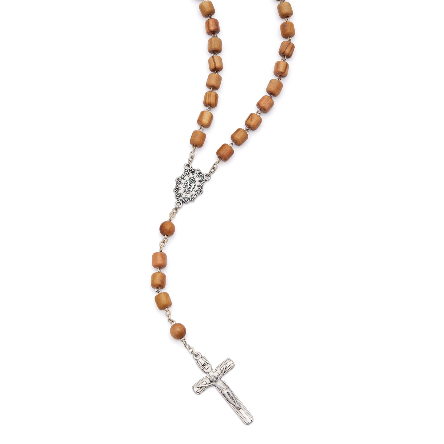 MONDO CATTOLICO ROMA Rosary 48 cm (18.90 in) / 64 cm (25.20 in) / 7 mm (0.28 in) Rosary with Cylindrical Olive Wood Beads and Metal Crucifix