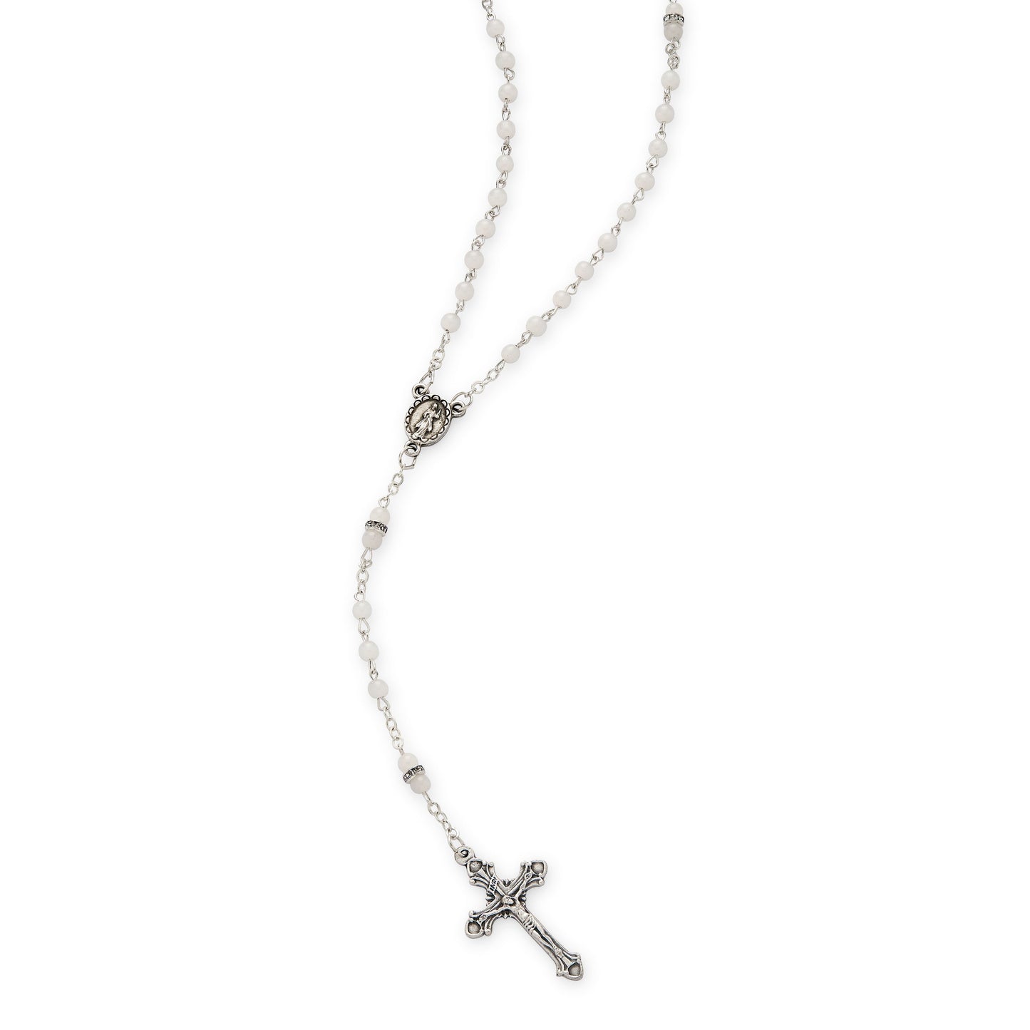 MONDO CATTOLICO ROMA Rosary 42 cm (16.54 in) / 60 cm (23.62 in) / 4 mm (0.16 in) Rosary with White Glass Beads and Rhinestone Spacers