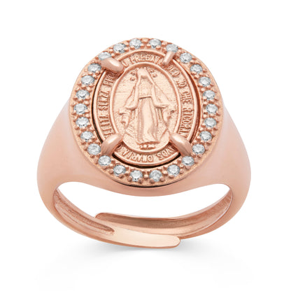 Mondo Cattolico Ring Adjustable Rose Gold-plated Sterling Silver Adjustable Chevalier Ring With Miraculous Medal And Cubic Zirconia Details