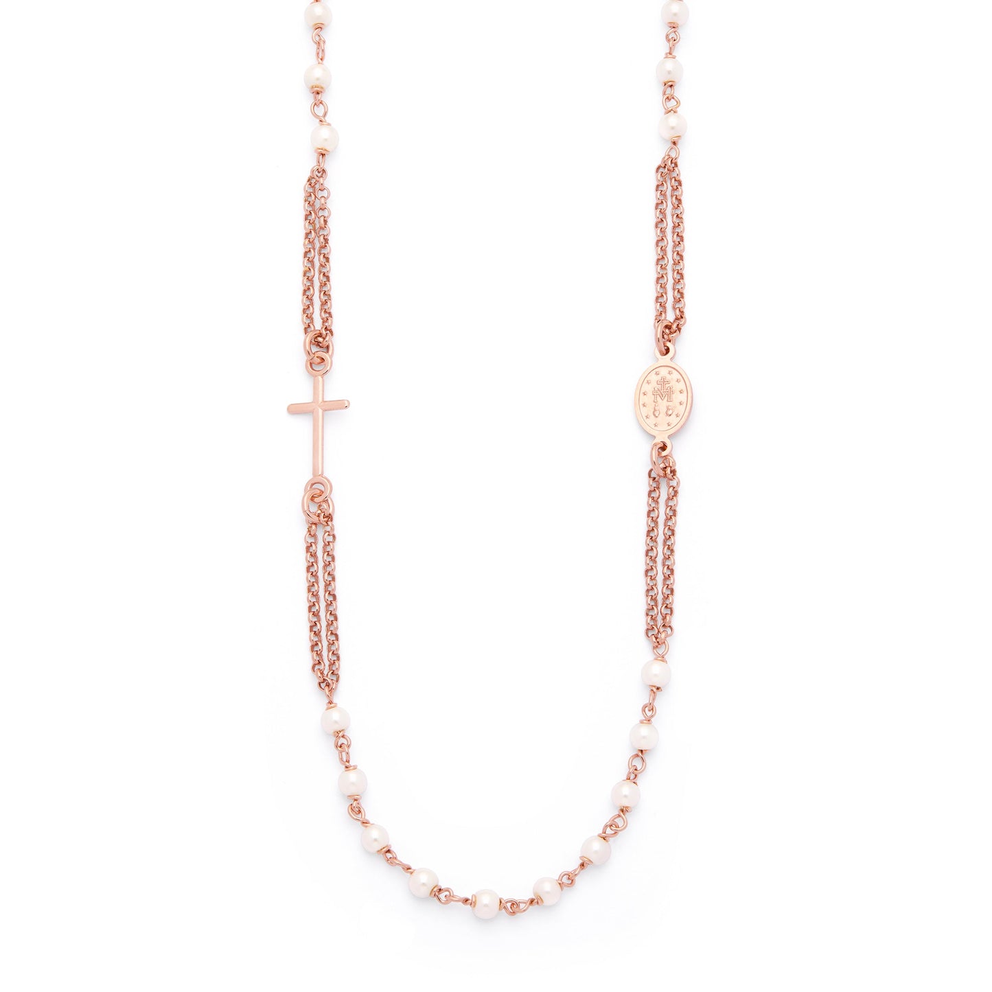 MONDO CATTOLICO ROMA Prayer Beads 48 - 53 cm (18.90 - 20.87 in) / 3 mm (0.12 in) Rose Gold-plated Sterling Silver Double Strand Rosary Necklace with Synthetic Pearl Beads