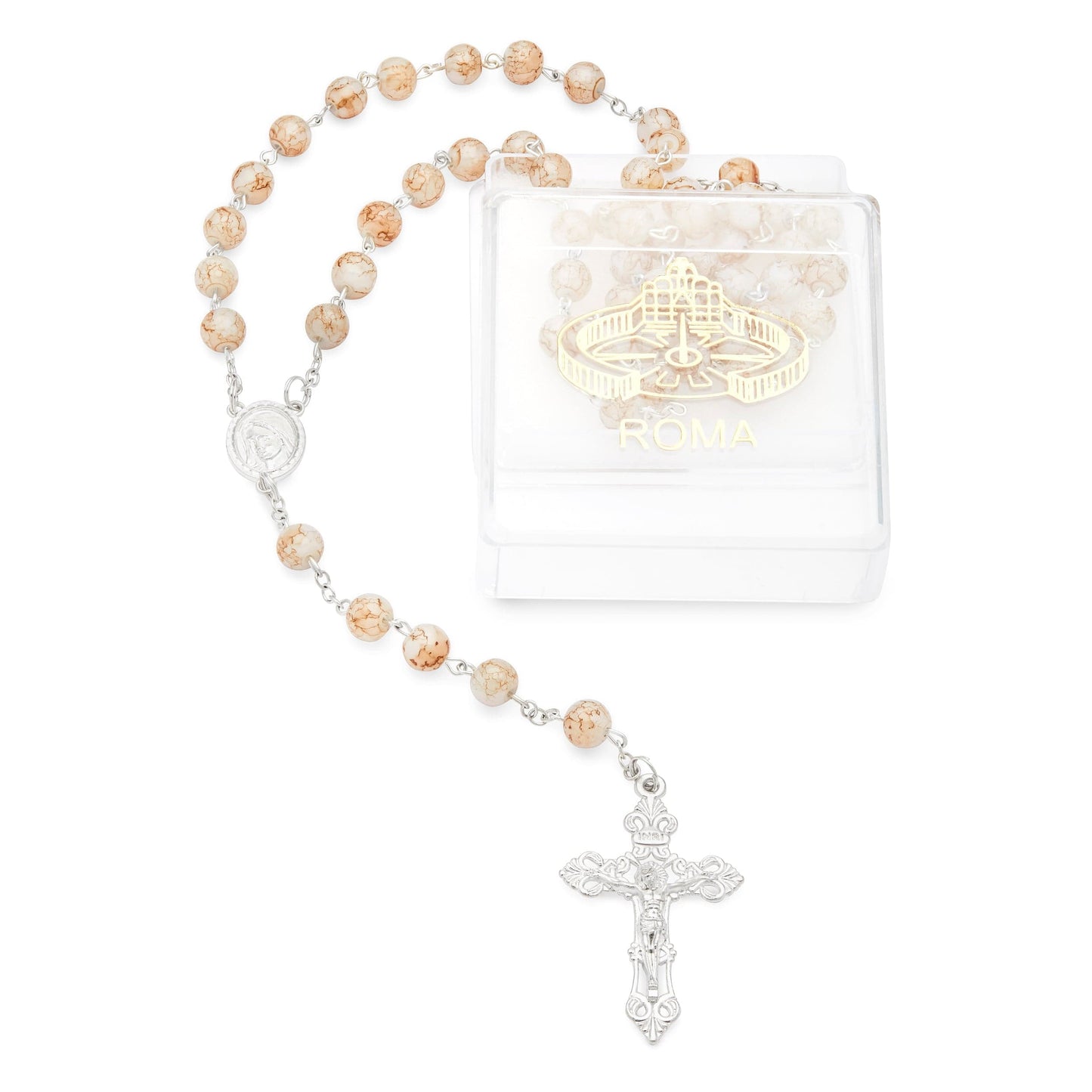 MONDO CATTOLICO Prayer Beads 55 cm (21.65 in) / 8 mm (0.3 in) Rose Marble Glass Rosary and Case