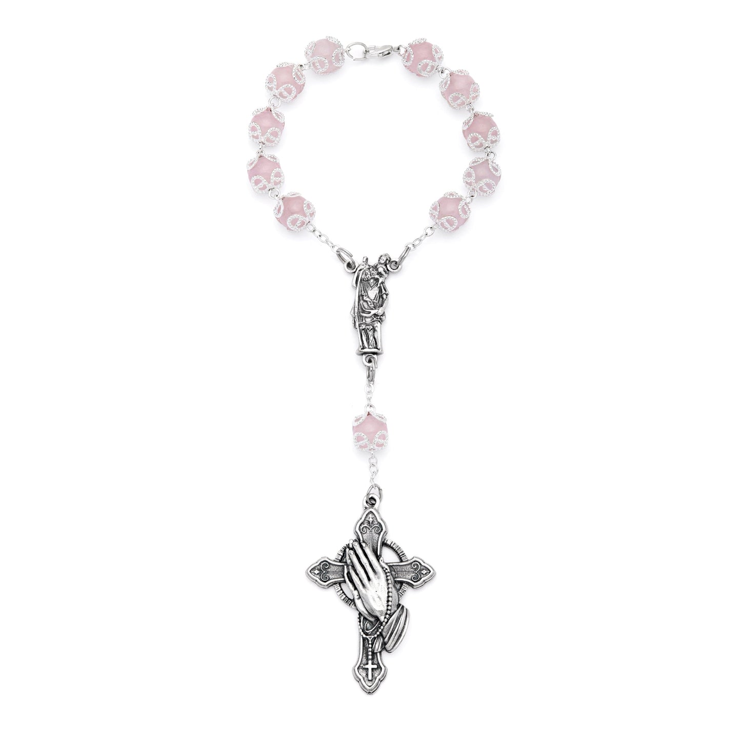 MONDO CATTOLICO ROMA Rosary 20 cm (7.87 in) / 8 cm (3.15 in) / 8 mm (0.31 in) Rose Quartz One-Decade Rosary Bracelet with St. Joseph and Praying Hands Cross
