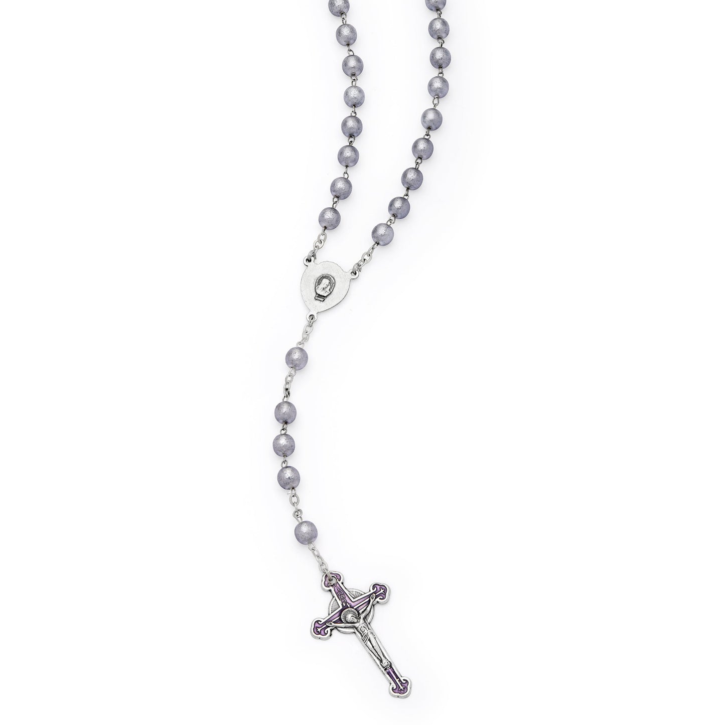 MONDO CATTOLICO ROMA Rosary 50 cm (19.69 in) / 66 cm (25.98 in) / 7 mm (0.28 in) Sacred Heart of Jesus Rosary with Gray Pearl Glass Beads