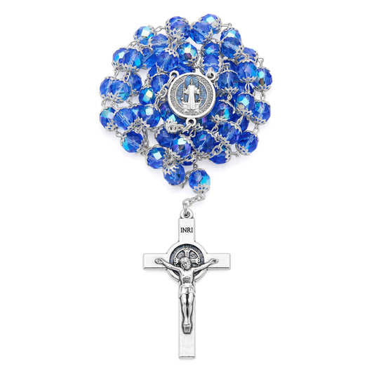 MONDO CATTOLICO Prayer Beads 60.5 cm (23.81 in) / 8 mm (0.31 in) Saint Benedict Rosary in Blue Crystal