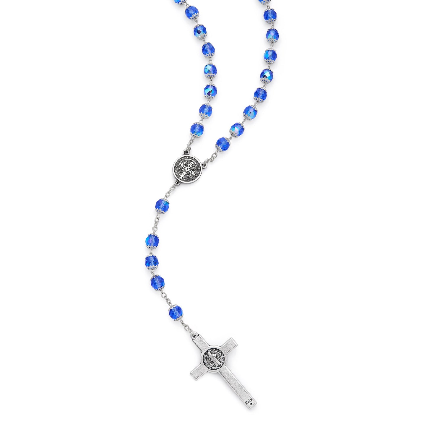 MONDO CATTOLICO Prayer Beads 60.5 cm (23.81 in) / 8 mm (0.31 in) Saint Benedict Rosary in Blue Crystal