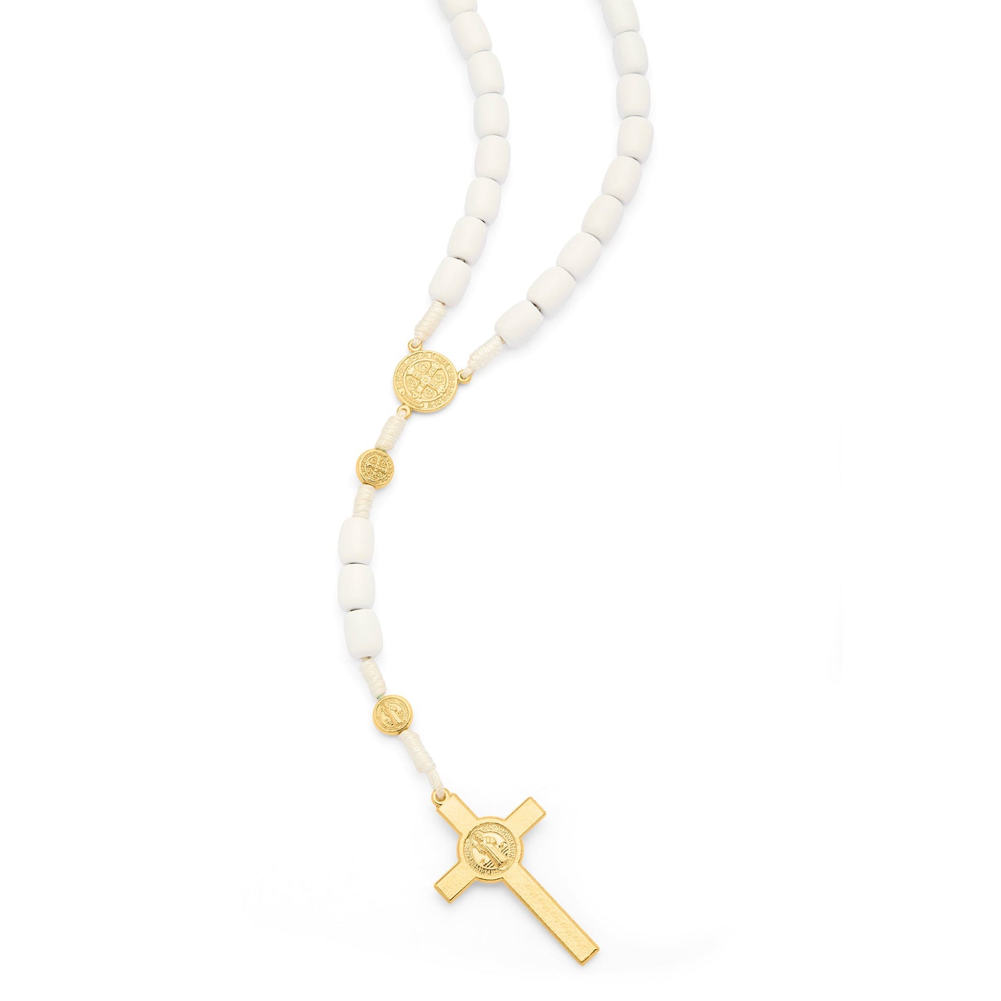 MONDO CATTOLICO ROMA Rosary 52 cm (20.47 in) / 70 cm (27.56 in) / 8x10 mm (0.31x0.39 in) Saint Benedict Rosary in White Wood with Gold-Tone Metal Crucifix