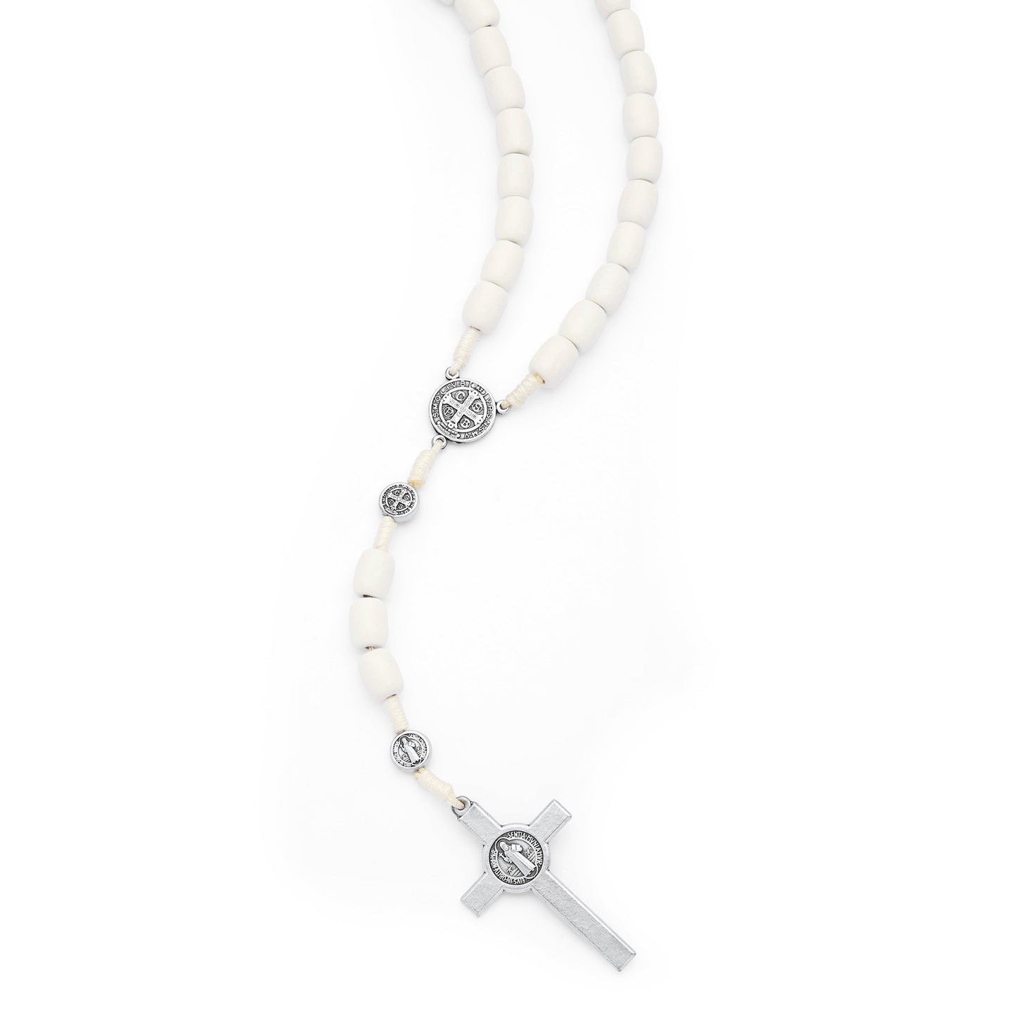 MONDO CATTOLICO ROMA Rosary 52 cm (20.47 in) / 70 cm (27.56 in) / 8x10 mm (0.31x0.39 in) Saint Benedict Rosary in White Wood with Metal Crucifix