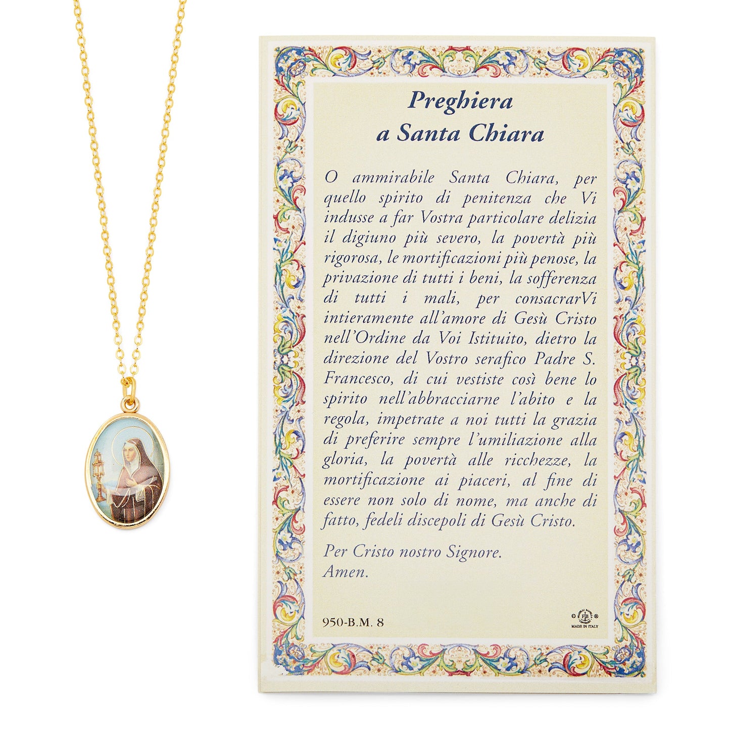 MONDO CATTOLICO Saint Clare Holy Card and Medal with the Chain