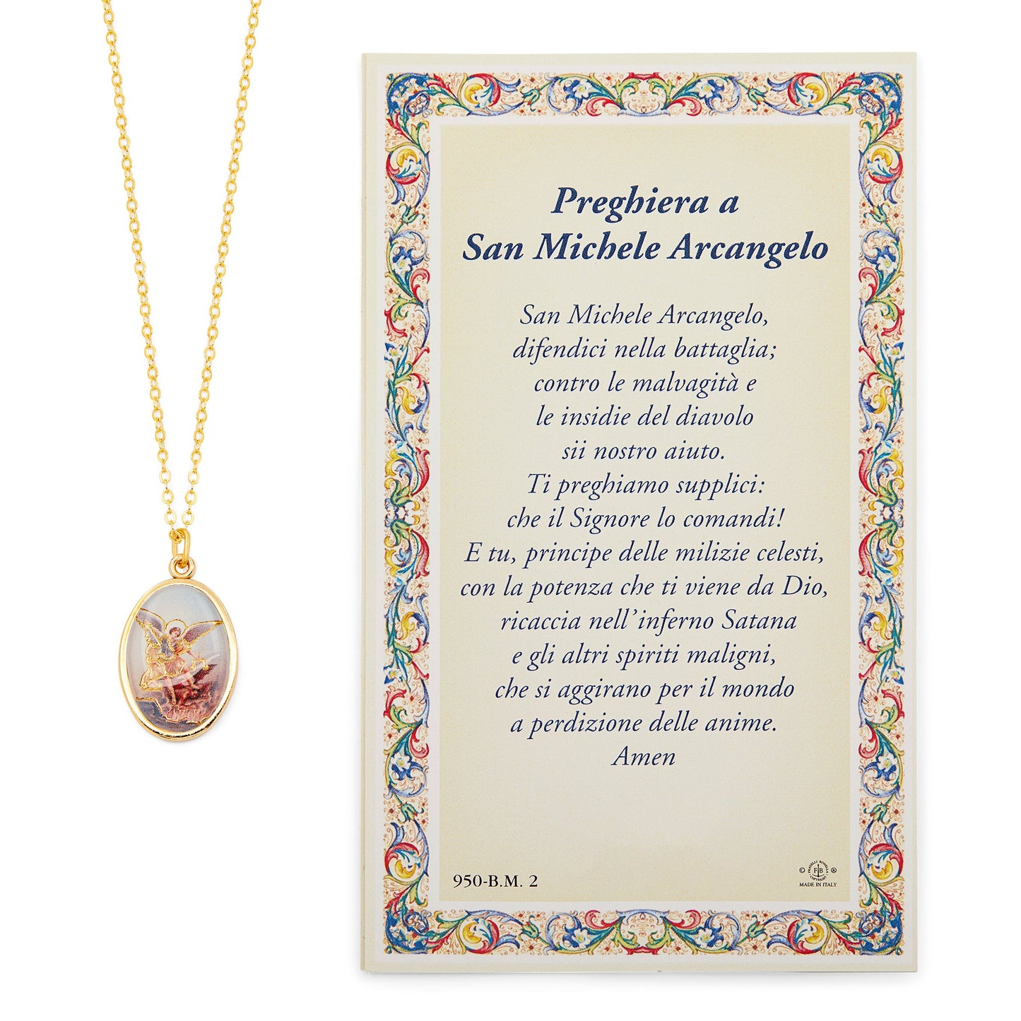 MONDO CATTOLICO Saint Micheal Prayer Card and Medal With Chain