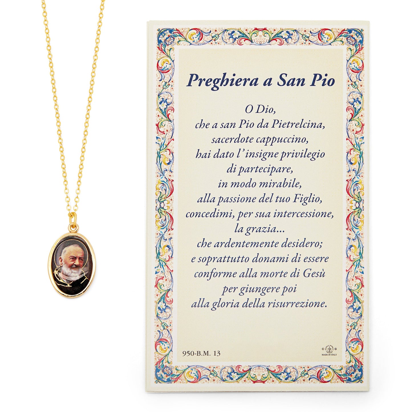 MONDO CATTOLICO Saint Pio of Pietrelcina Prayer Card and Medal With Chain