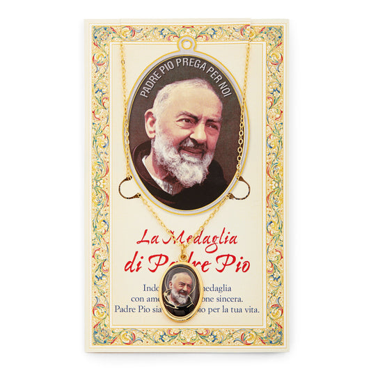 MONDO CATTOLICO Saint Pio of Pietrelcina Prayer Card and Medal With Chain
