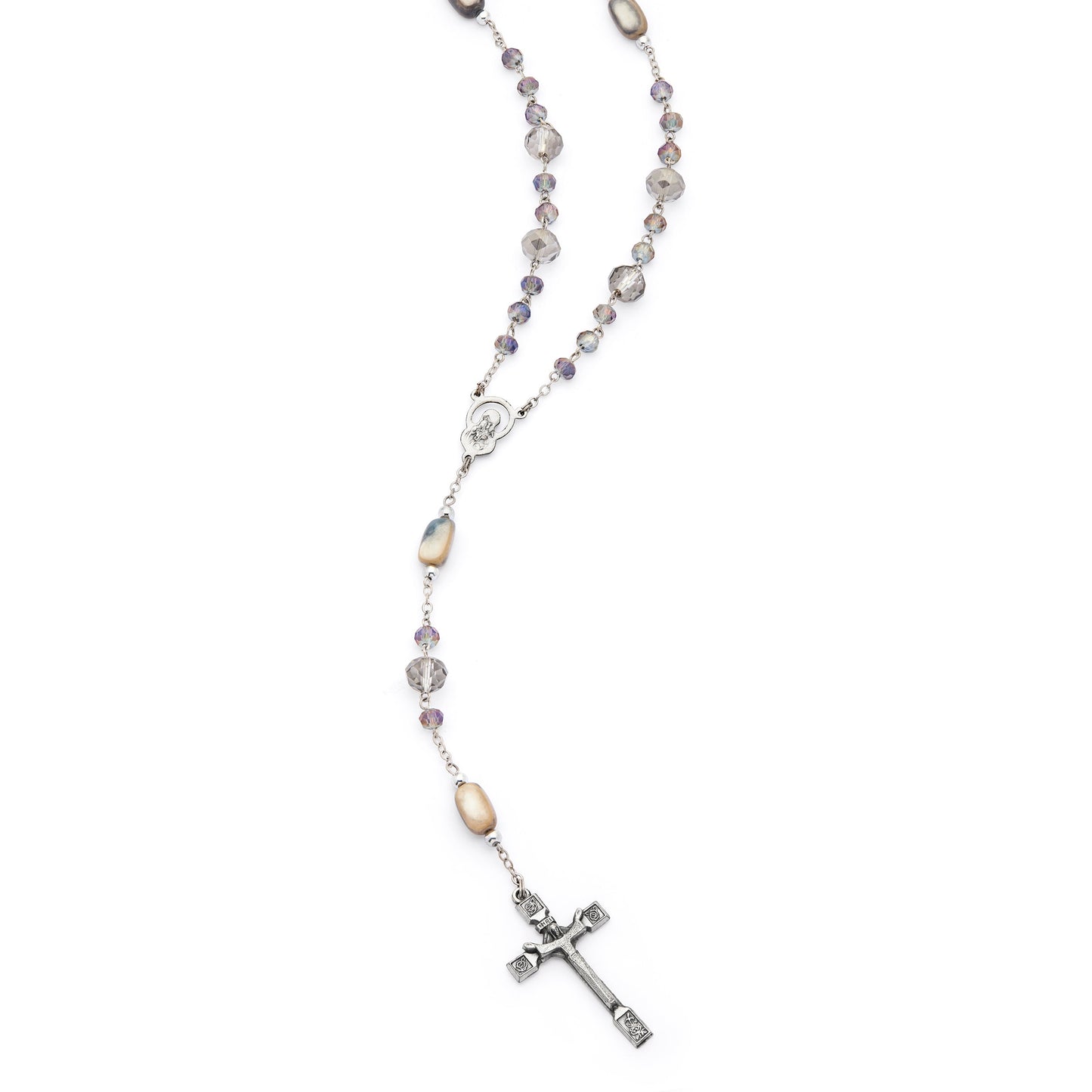 MONDO CATTOLICO ROMA Rosary 52 cm (20.47 in) / 68 cm (26.77 in) / 6 mm (0.24 in) Scapular Rosary with Faceted Grey and Speckled Beige Crystal Beads
