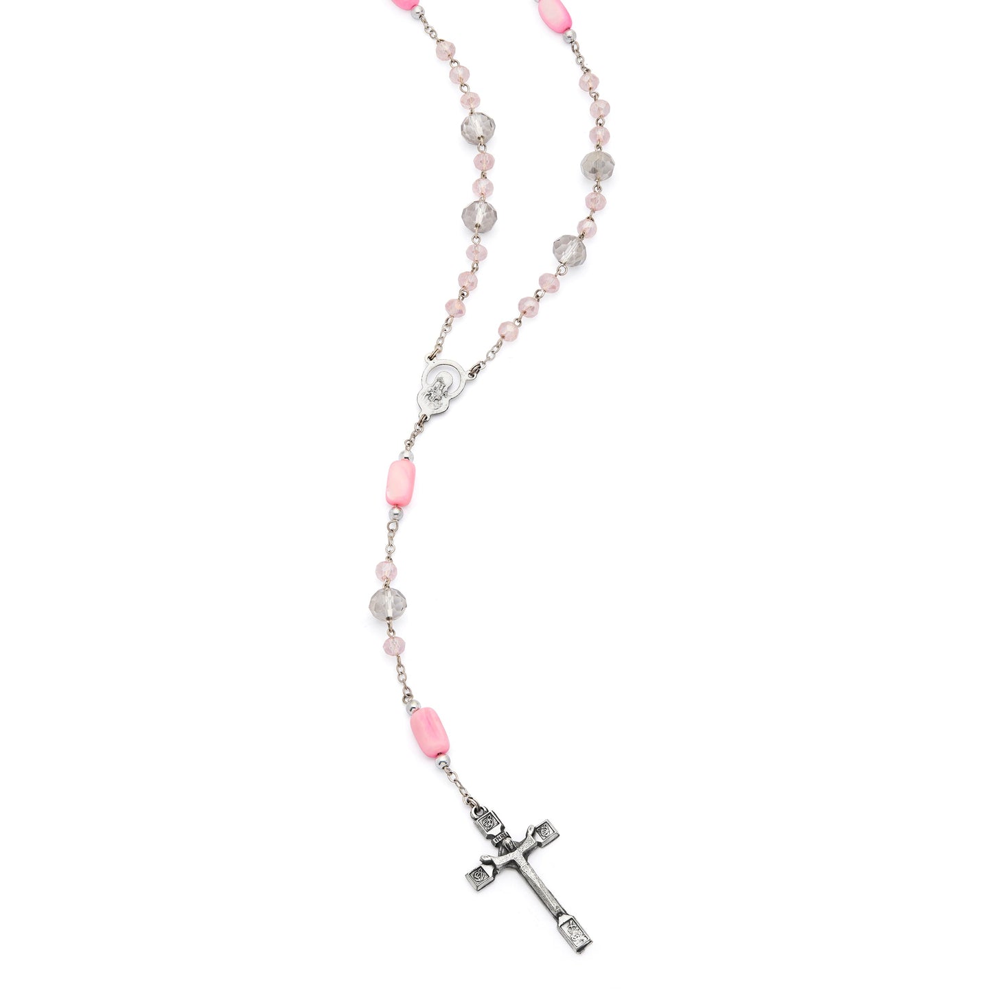 MONDO CATTOLICO ROMA Rosary 52 cm (20.47 in) / 68 cm (26.77 in) / 6 mm (0.24 in) Scapular Rosary with Light Pink and Smoky Gray Crystal Beads