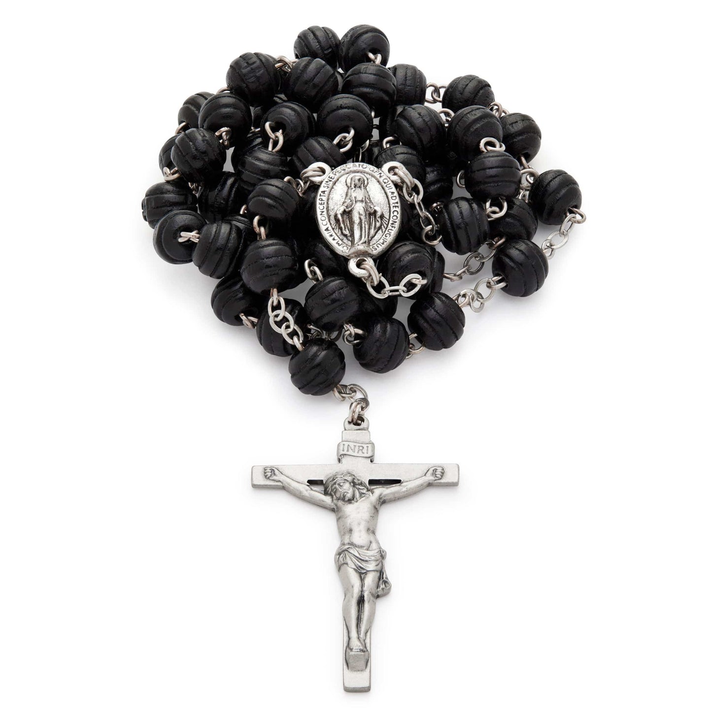 MONDO CATTOLICO Prayer Beads 46.5 cm (18.3 in) / 8 mm (0.31 in) Silver rosary in black wood