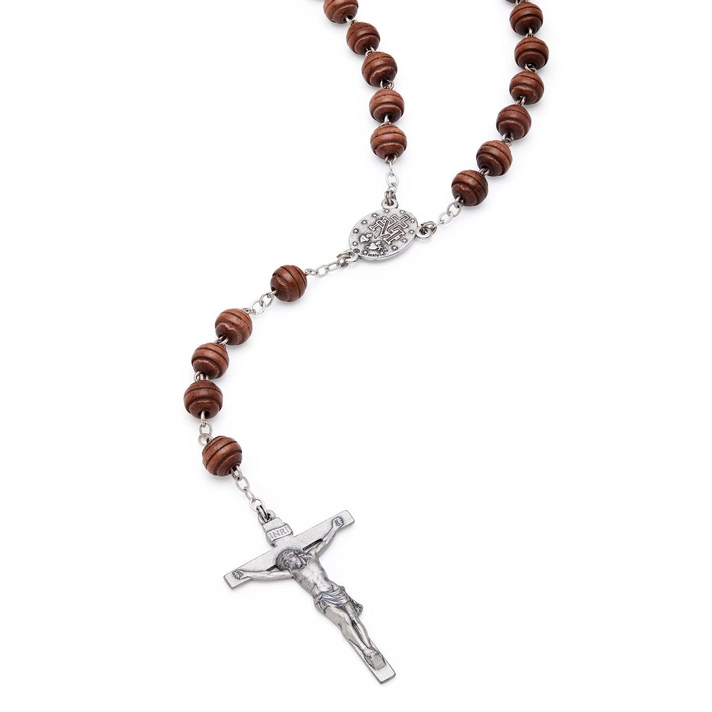 MONDO CATTOLICO Prayer Beads 46.5 cm (18.30 in) / 8 mm (0.31 in) Silver Rosary in Brown Wood