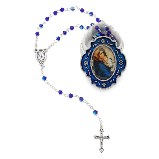 Mondo Cattolico Rosary Box 3.5x4 cm (1.38x1.57 in) / 3 mm (0.12 in) / 37.5 cm (14.76 in) Small Blue Enameled Madonnina of Ferruzzi Rosary Case With Blue Crystal Rosary