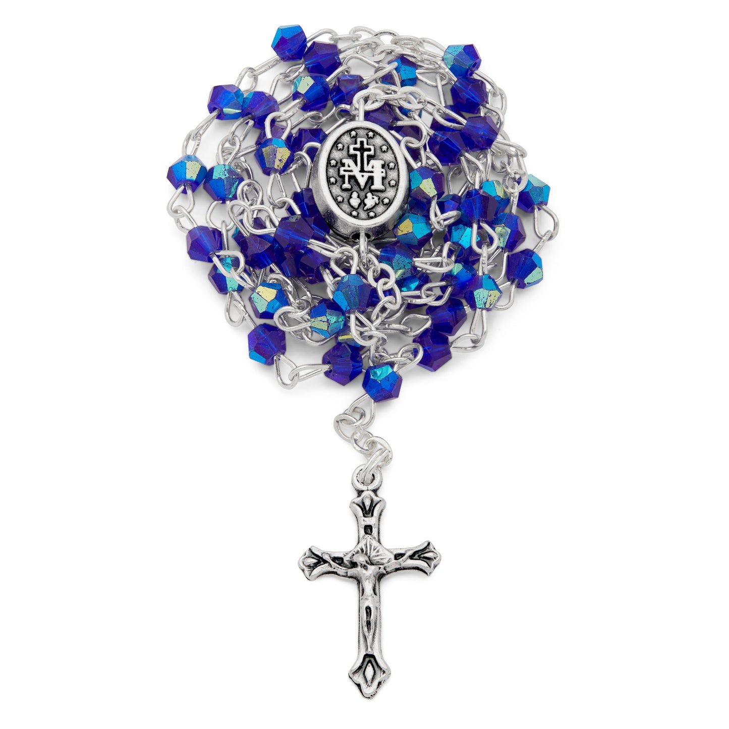 Mondo Cattolico Rosary Box 3.5x4 cm (1.38x1.57 in) / 3 mm (0.12 in) / 37.5 cm (14.76 in) Small Blue Enameled Our Lady of the Miraculous Medal Rosary Case With Blue Crystal Rosary