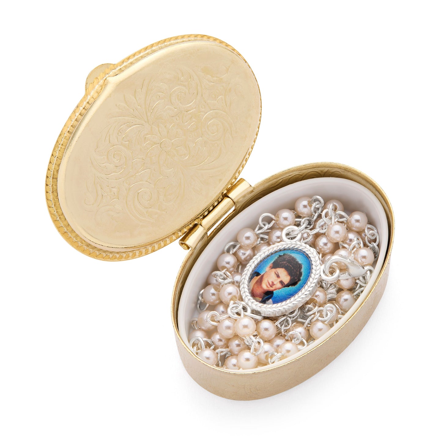 Mondo Cattolico Rosary 3.5 x 5 cm (1.38 x 1.97 in) / 39 cm (15.35 in) / 4 mm (0.16 in) Small Oval Box in Gold-tone Metal Featuring Blessed Carlo Acutis with Metal Rosary