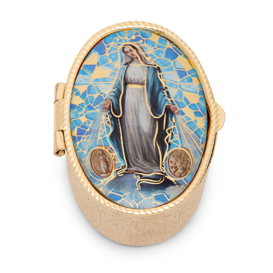 Mondo Cattolico Rosary Box Small Oval Pill Box in Golden Metal of Our Lady of the Miraculous Medal