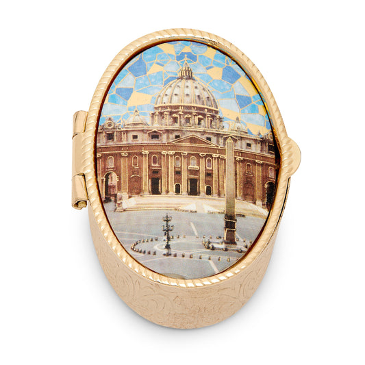 Mondo Cattolico Rosary Box Small Oval Pill Box in Golden Metal of the St.Peter's Basilica