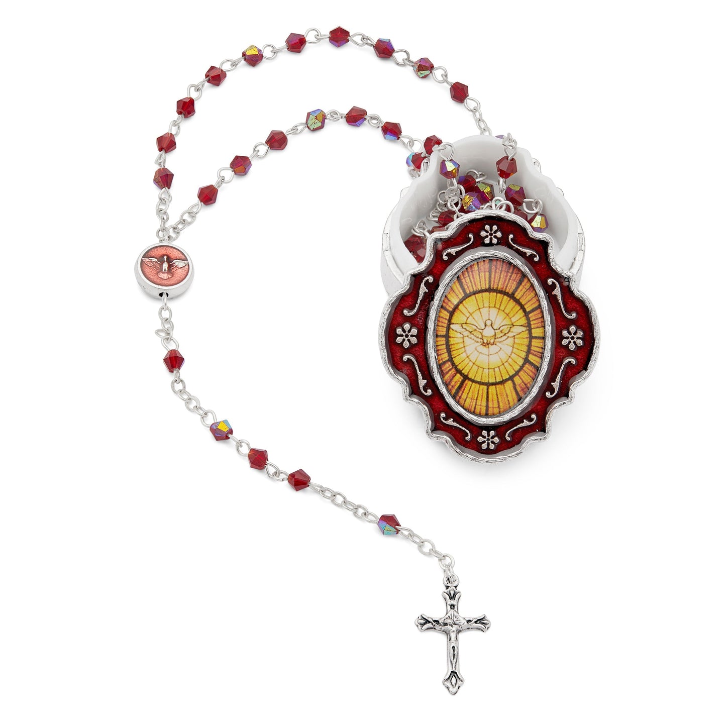 Mondo Cattolico Rosary Box 3.5x4 cm (1.38x1.57 in) / 3 mm (0.12 in) / 37.5 cm (14.76 in) Small Red Enameled Holy Spirit Rosary Case With Red Crystal Rosary