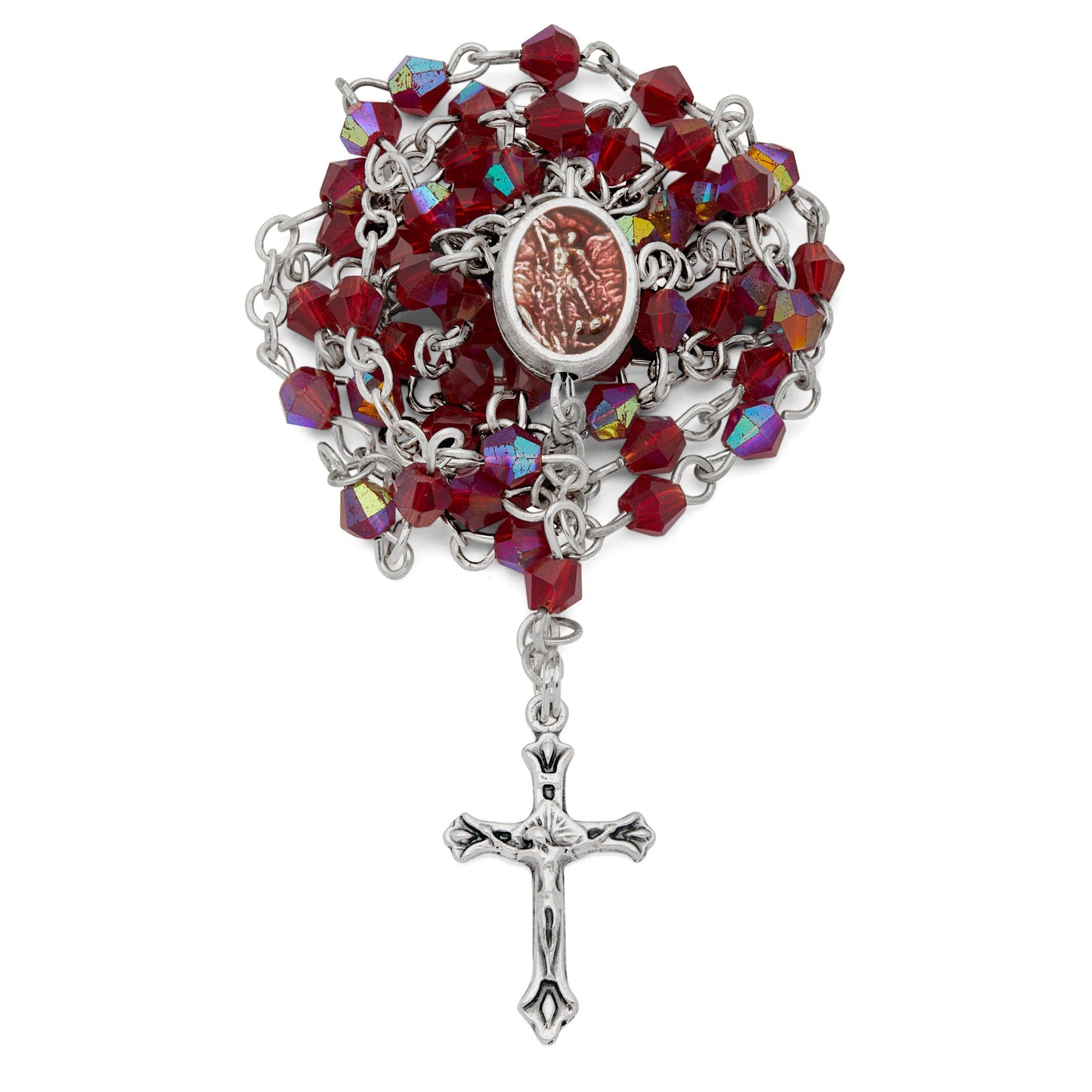 Mondo Cattolico Rosary Box 3.5x4 cm (1.38x1.57 in) / 3 mm (0.12 in) / 37.5 cm (14.76 in) Small Red Enameled St. Michael Rosary Case With Red Crystal Rosary