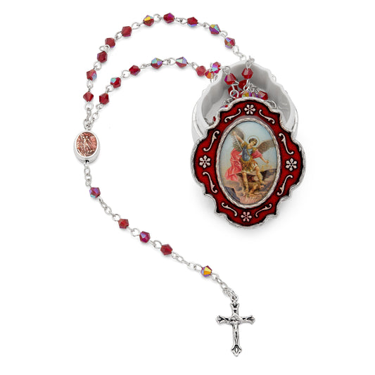 Mondo Cattolico Rosary Box 3.5x4 cm (1.38x1.57 in) / 3 mm (0.12 in) / 37.5 cm (14.76 in) Small Red Enameled St. Michael Rosary Case With Red Crystal Rosary