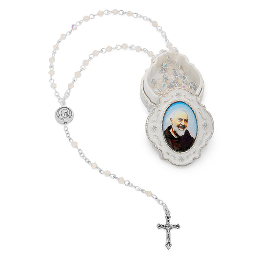 Mondo Cattolico Rosary Box 3.5x4 cm (1.38x1.57 in) / 3 mm (0.12 in) / 37.5 cm (14.76 in) Small White Enameled Padre Pio Rosary Case With White Crystal Rosary