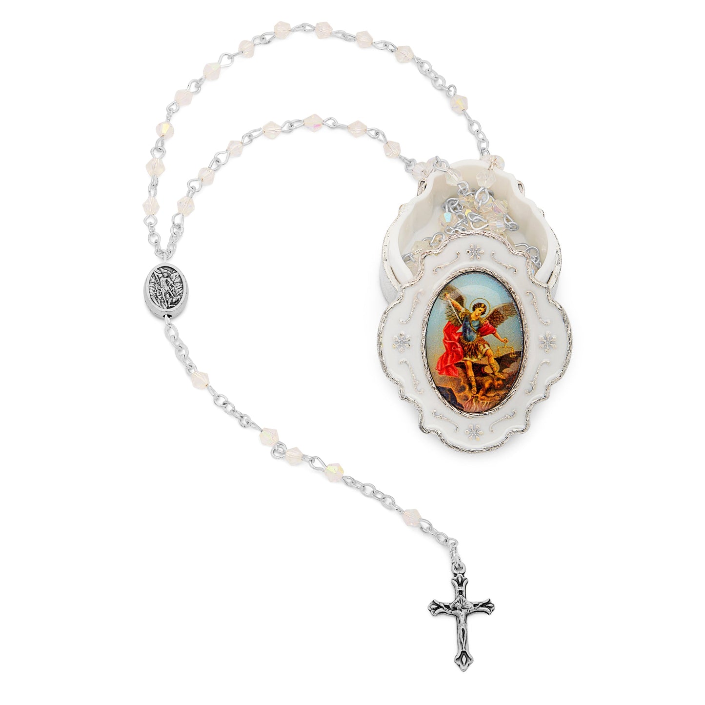 Mondo Cattolico Rosary Box 3.5x4 cm (1.38x1.57 in) / 3 mm (0.12 in) / 37.5 cm (14.76 in) Small White Enameled St. Michael Rosary Case With White Crystal Rosary