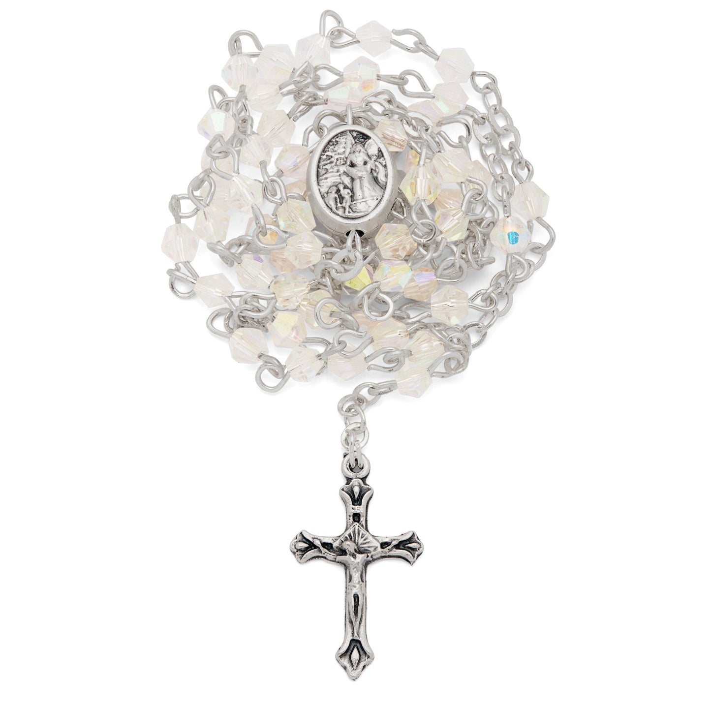 Mondo Cattolico Rosary Box 3.5x4 cm (1.38x1.57 in) / 3 mm (0.12 in) / 37.5 cm (14.76 in) Small White Enameled St. Michael Rosary Case With White Crystal Rosary